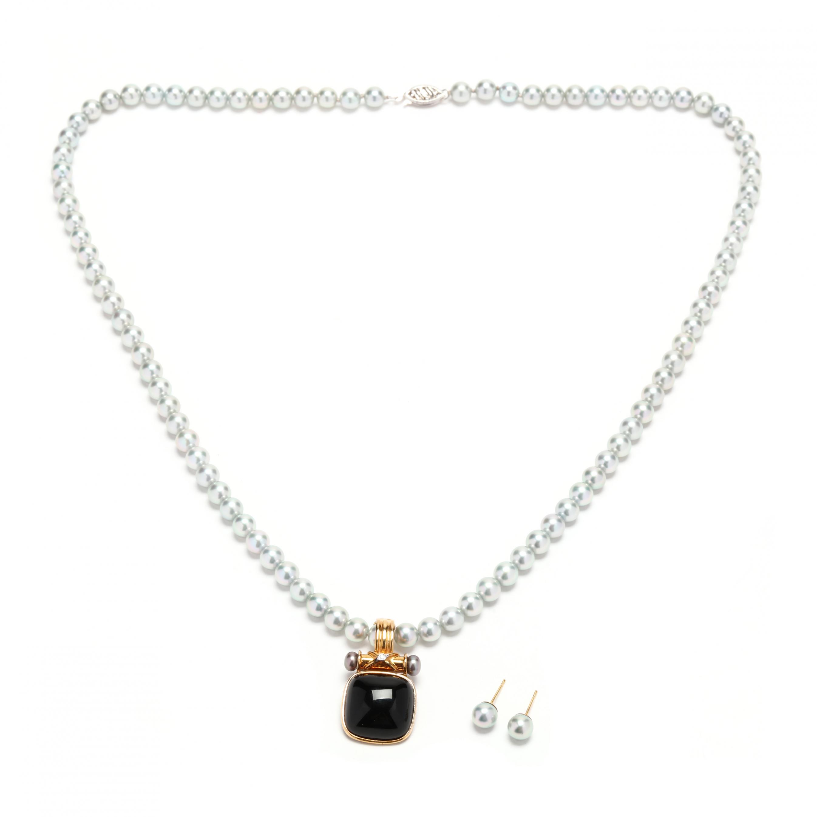 Gray Pearl Necklace with Onyx Enhancer and Earrings (Lot