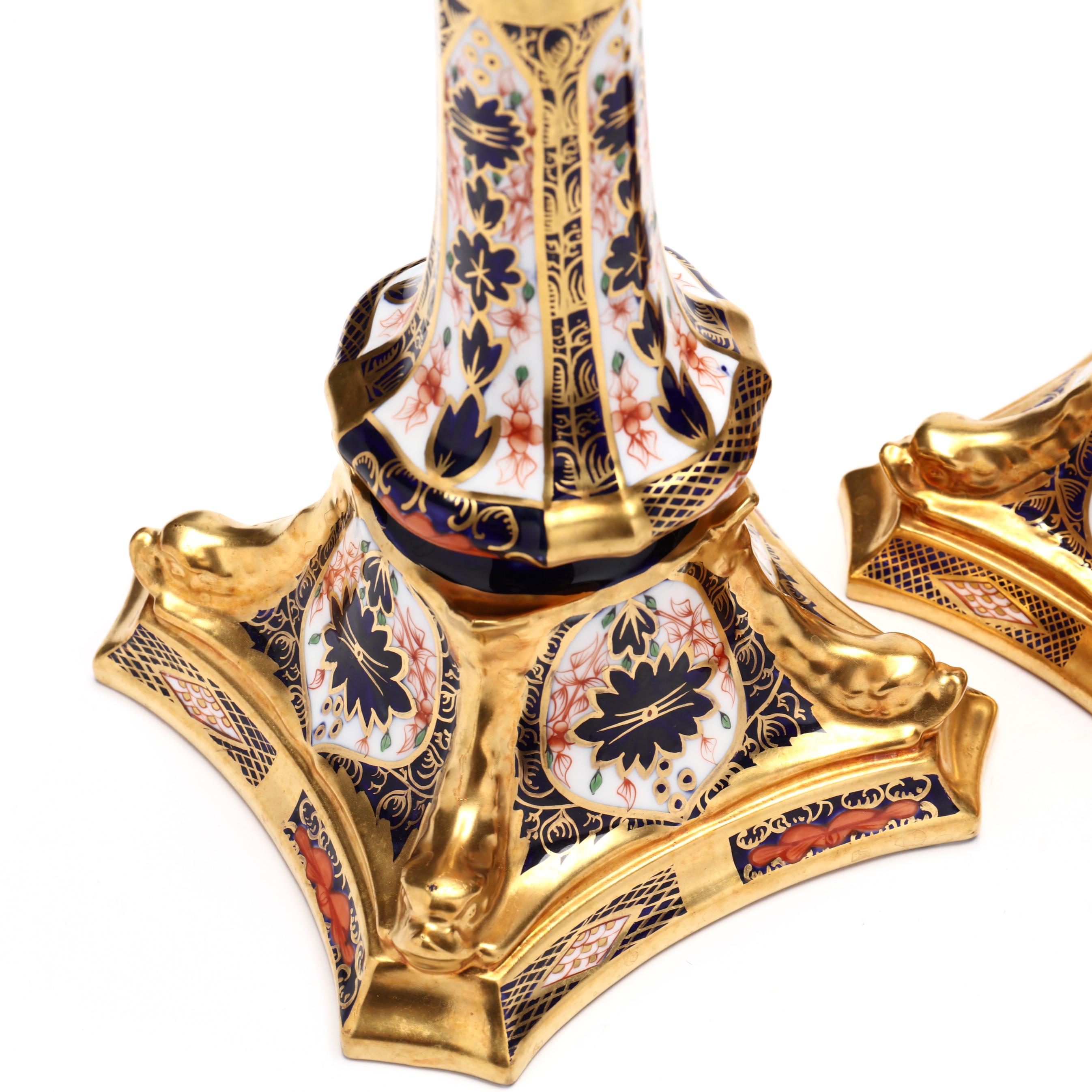 A Pair of Royal Crown Derby Old Imari Candlesticks (Lot 2135