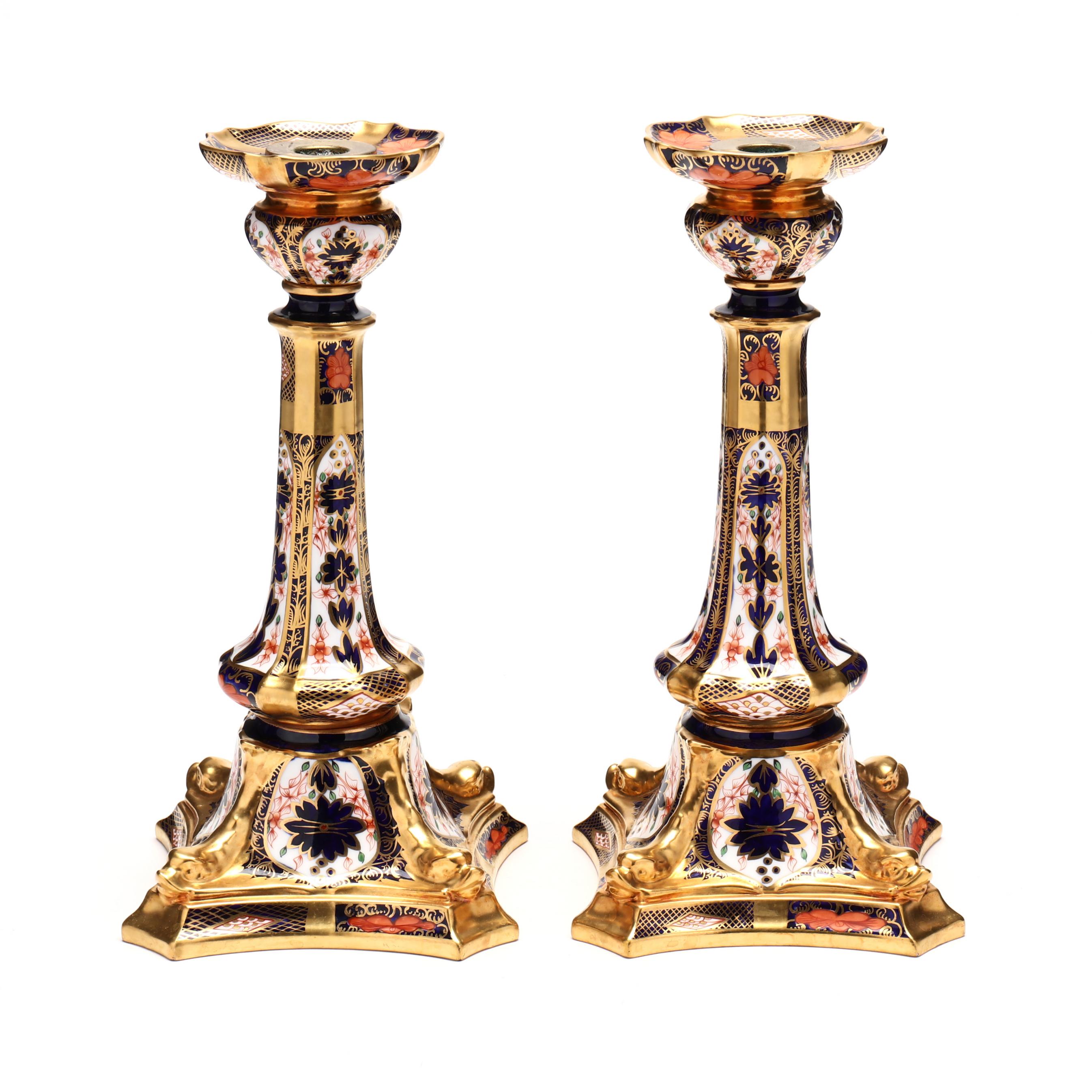 A Pair of Royal Crown Derby Old Imari Candlesticks (Lot 2135