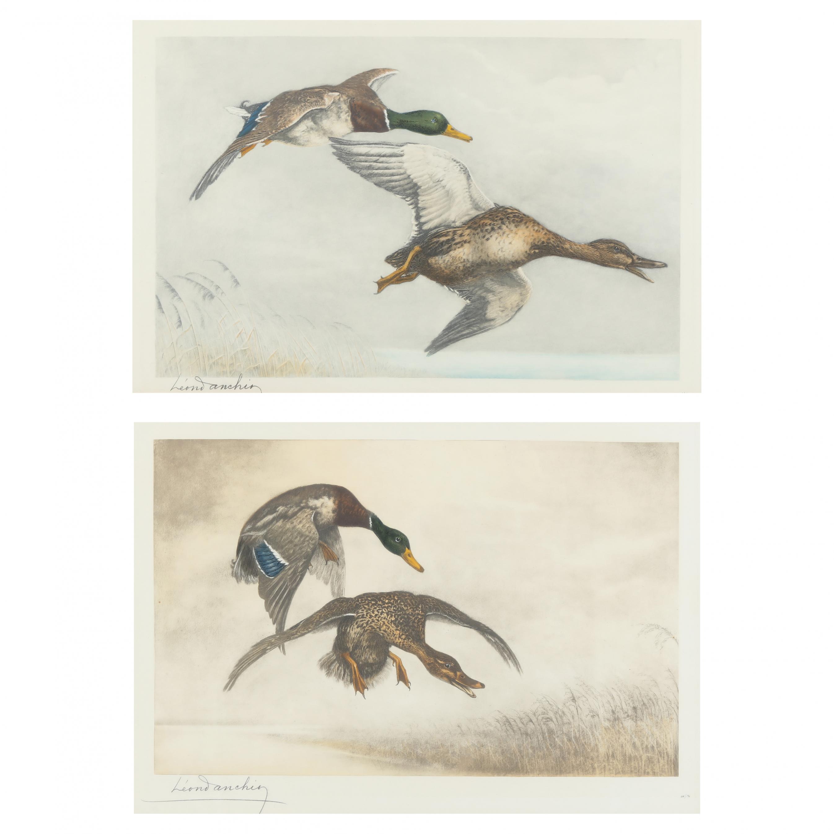 Lon Danchin レオン・ダンチン 版画 2点セット　直筆サイン Léon Danchin (French, 1887-1939), Two Prints of Ducks in Flight