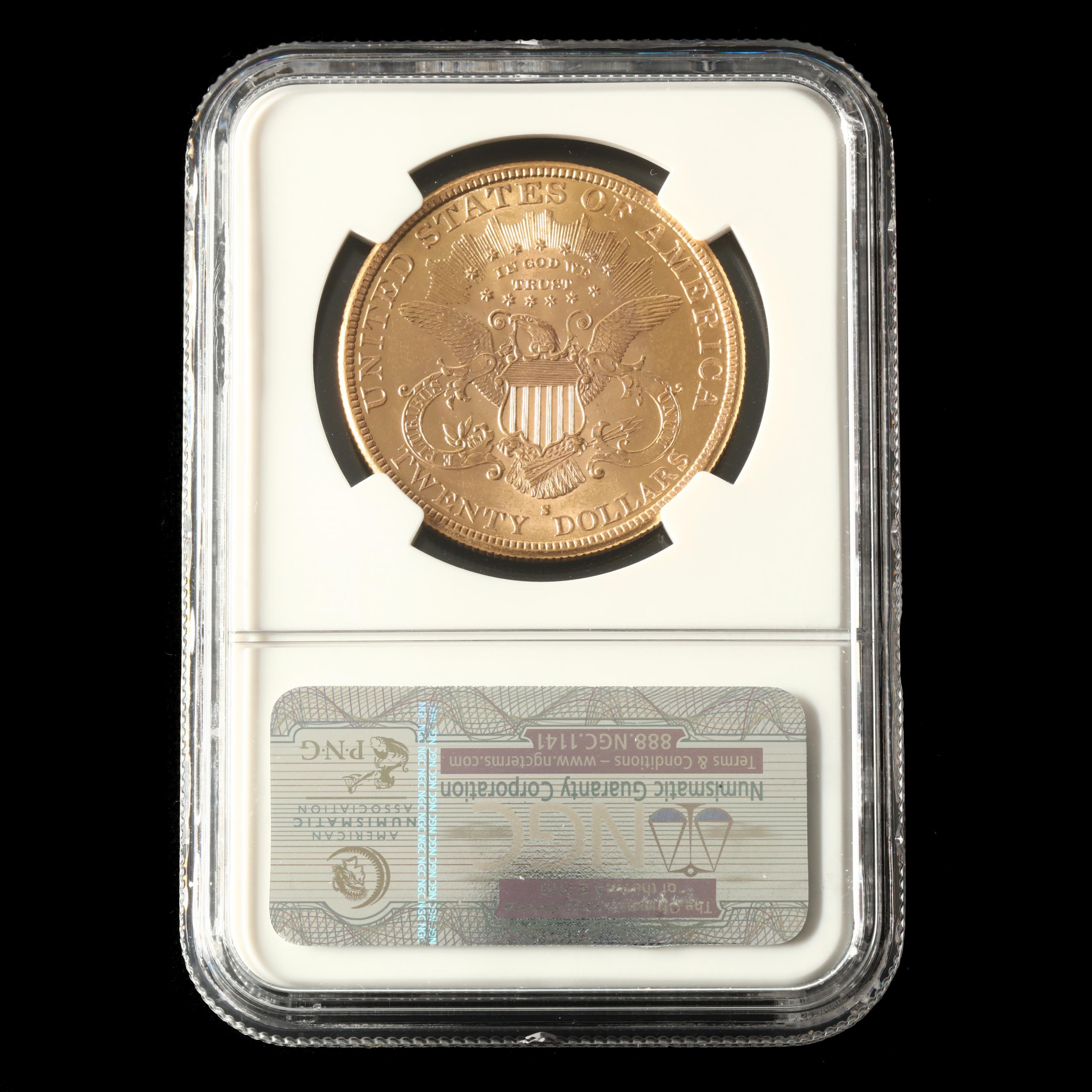 1889-S Liberty Head $20 Gold Double Eagle, NGC MS64, Saddle Ridge