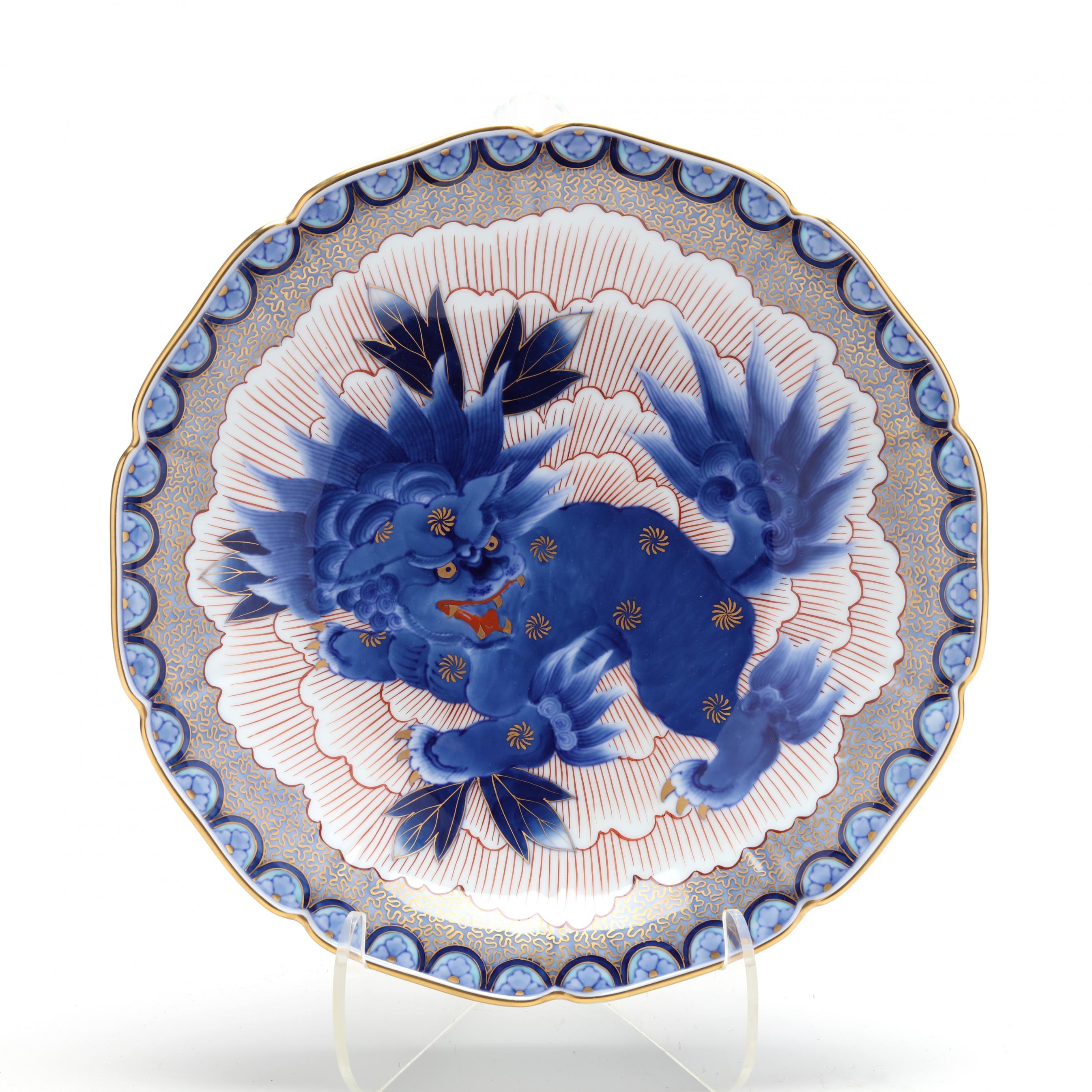A Japanese Fukagawa Koransha Porcelain Dish with Blue Shishi
