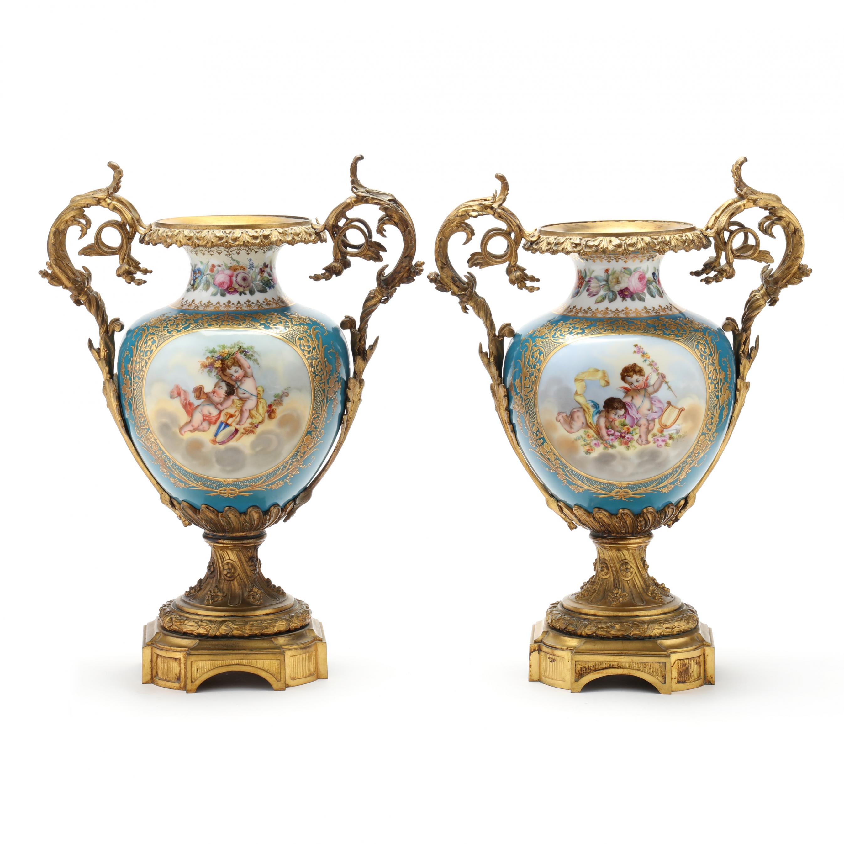 Pair of Sevres Style Porcelain and Ormolu Mantel Urns (Lot 349