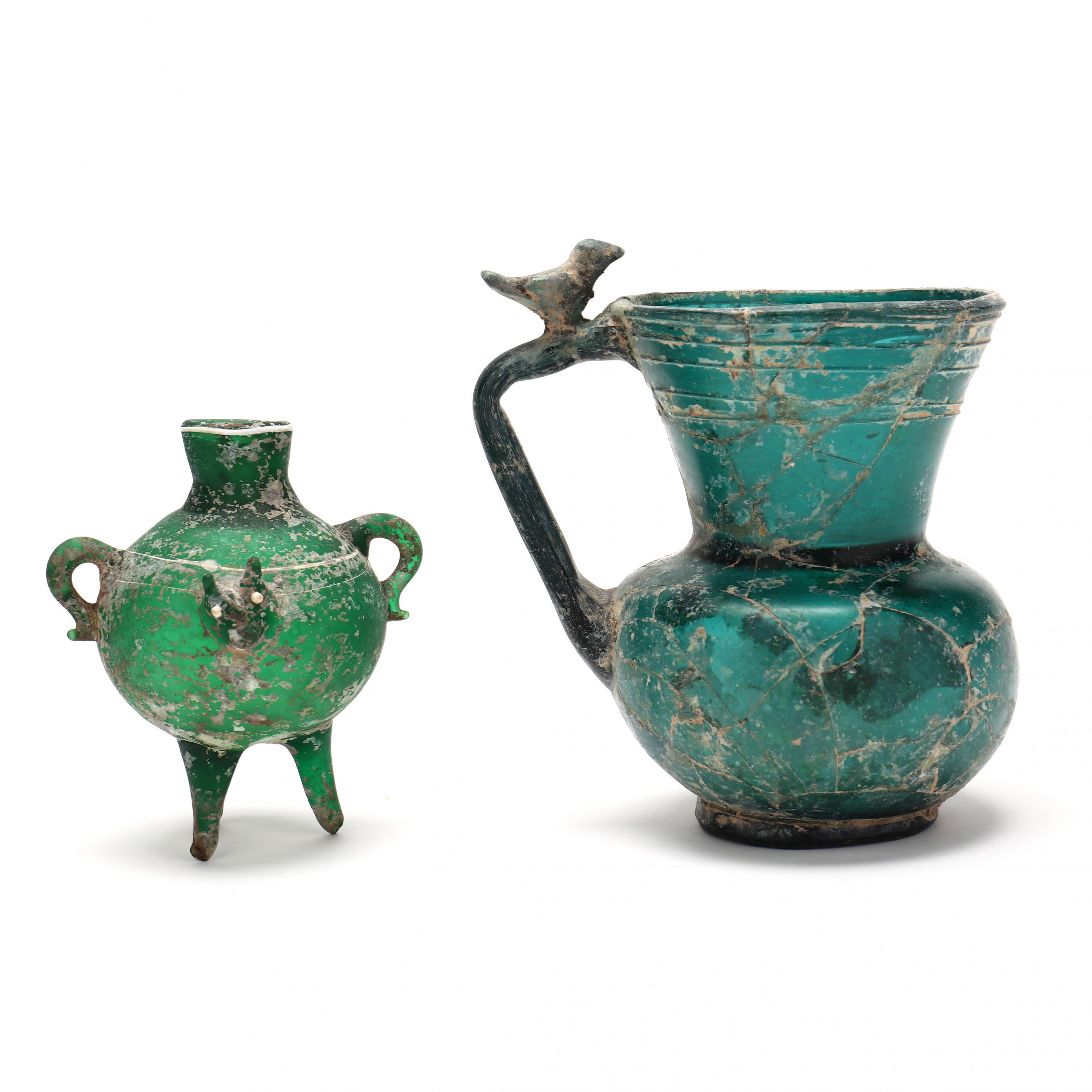 Byzantine/Islamic Style Blue-Green Glass Pitcher and Green Glass