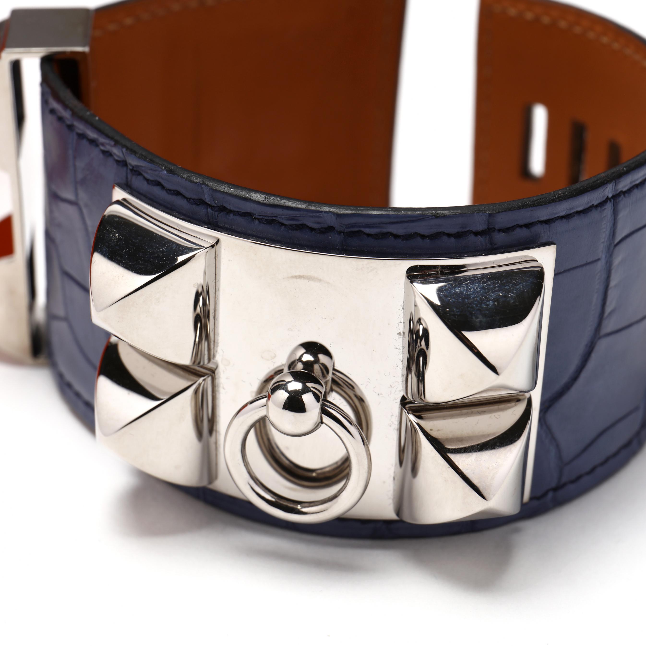 HERMES ブレスレット コリエドシアン Collier de Chien T1 Blue Hermes Collier de Chien Blue Alligator Cuff Bracelet (Lot
