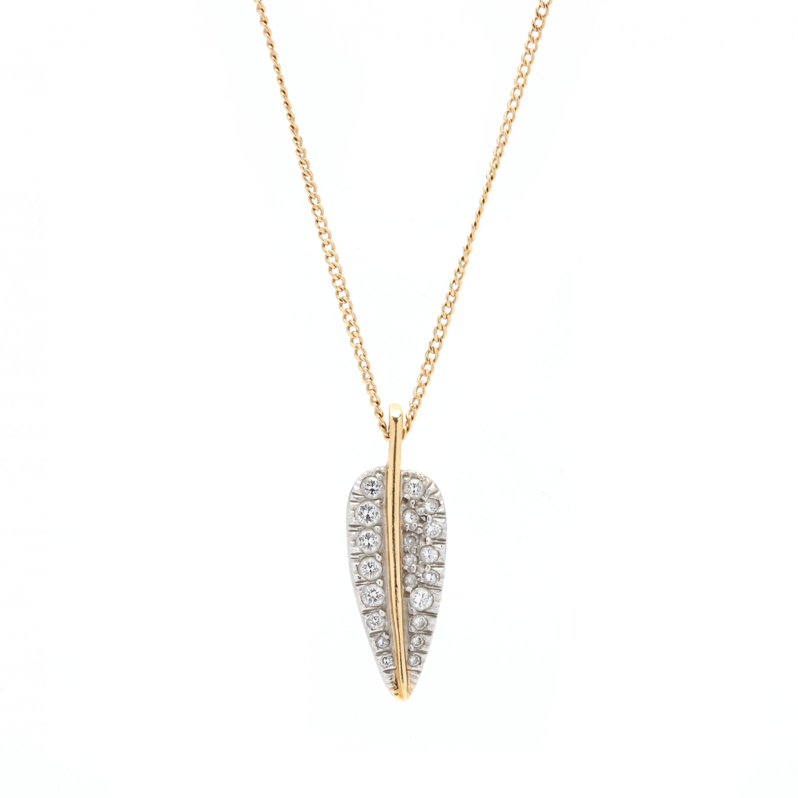 Diamond Feather Necklace 14K Yellow Gold Pendant Natural Round Cut 0.09 CT  | eBay