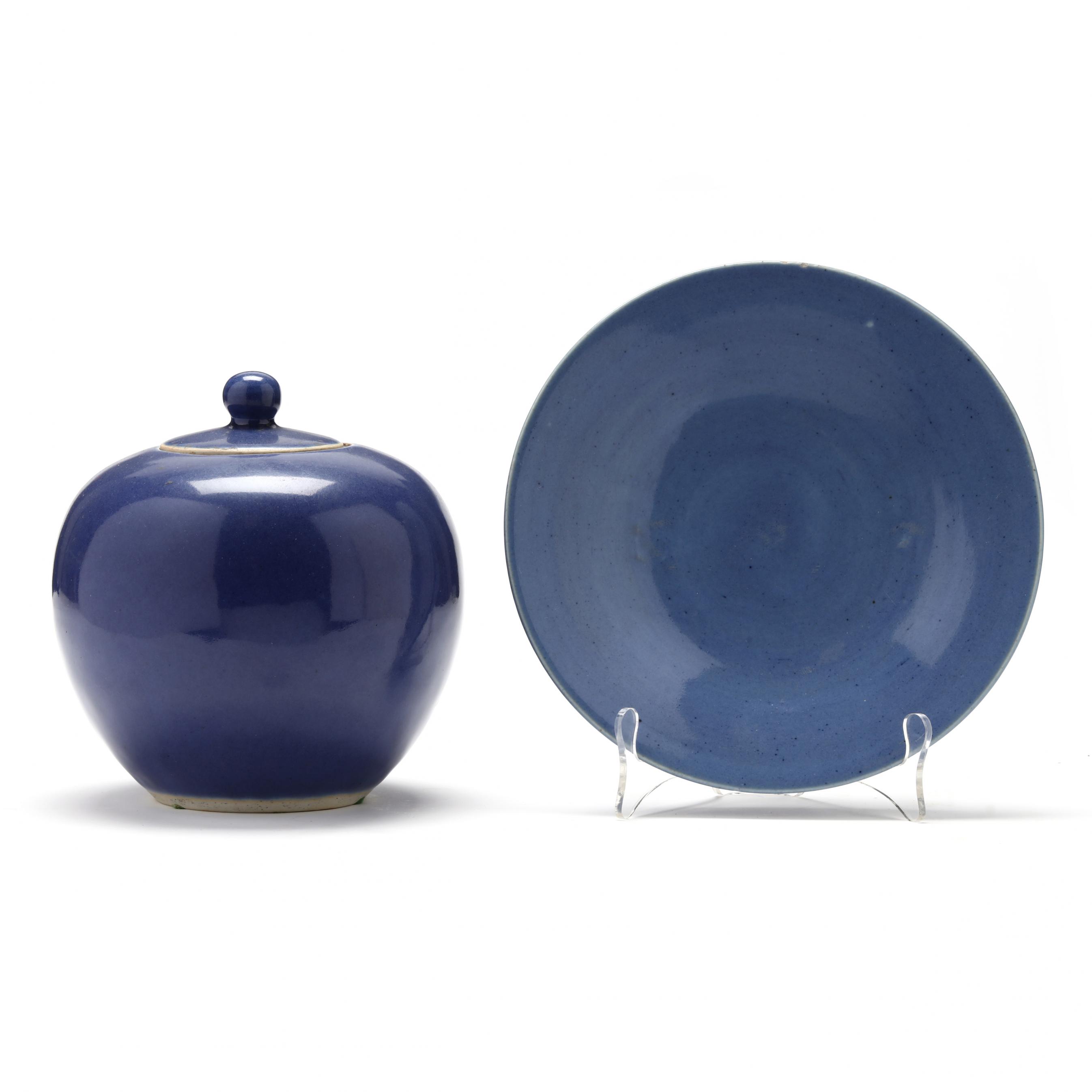A Chinese Powder Blue Glazed Dish and Covered Jar (Lot 1057 