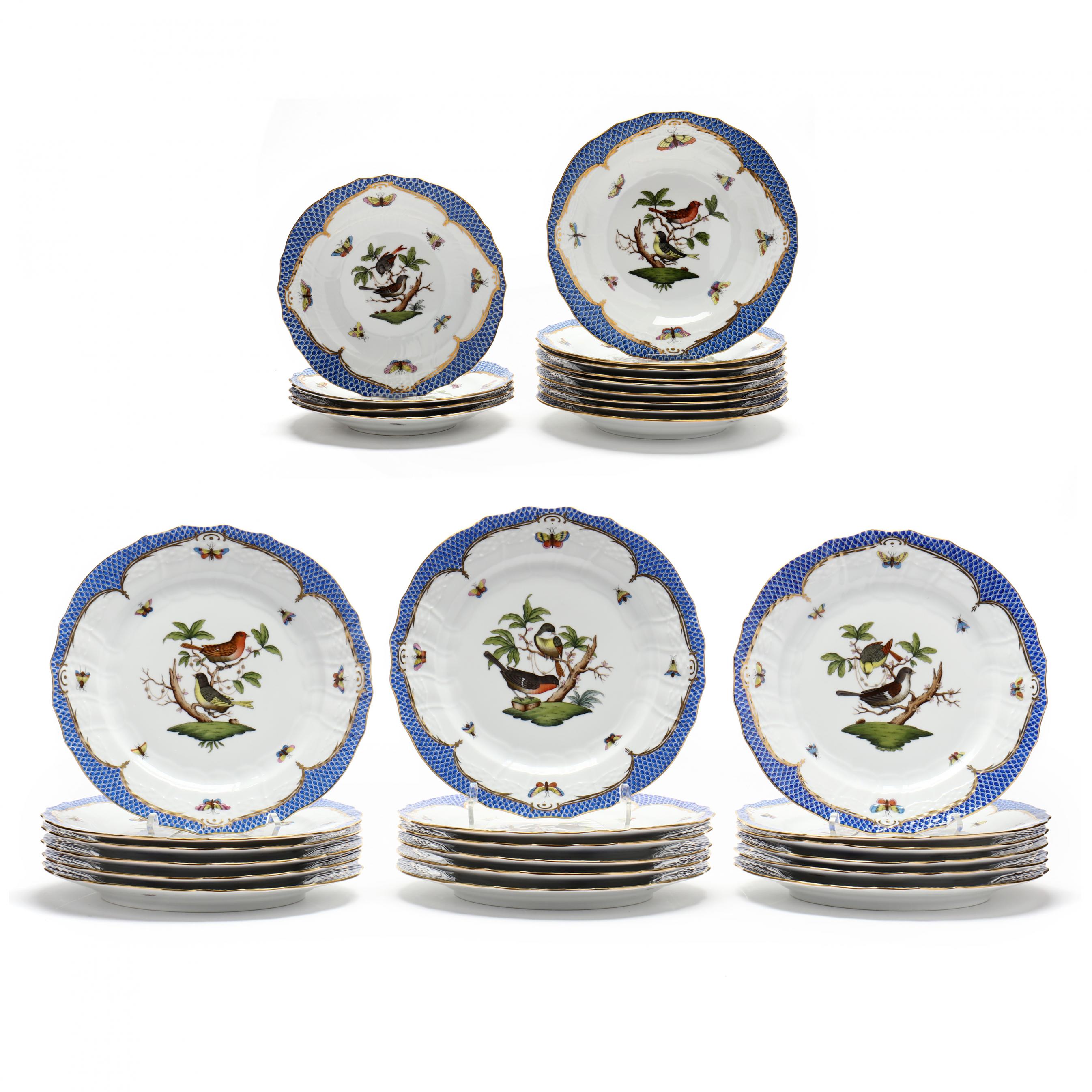 31) Pieces of Herend Rothschild Bird with Blue Fish Scale