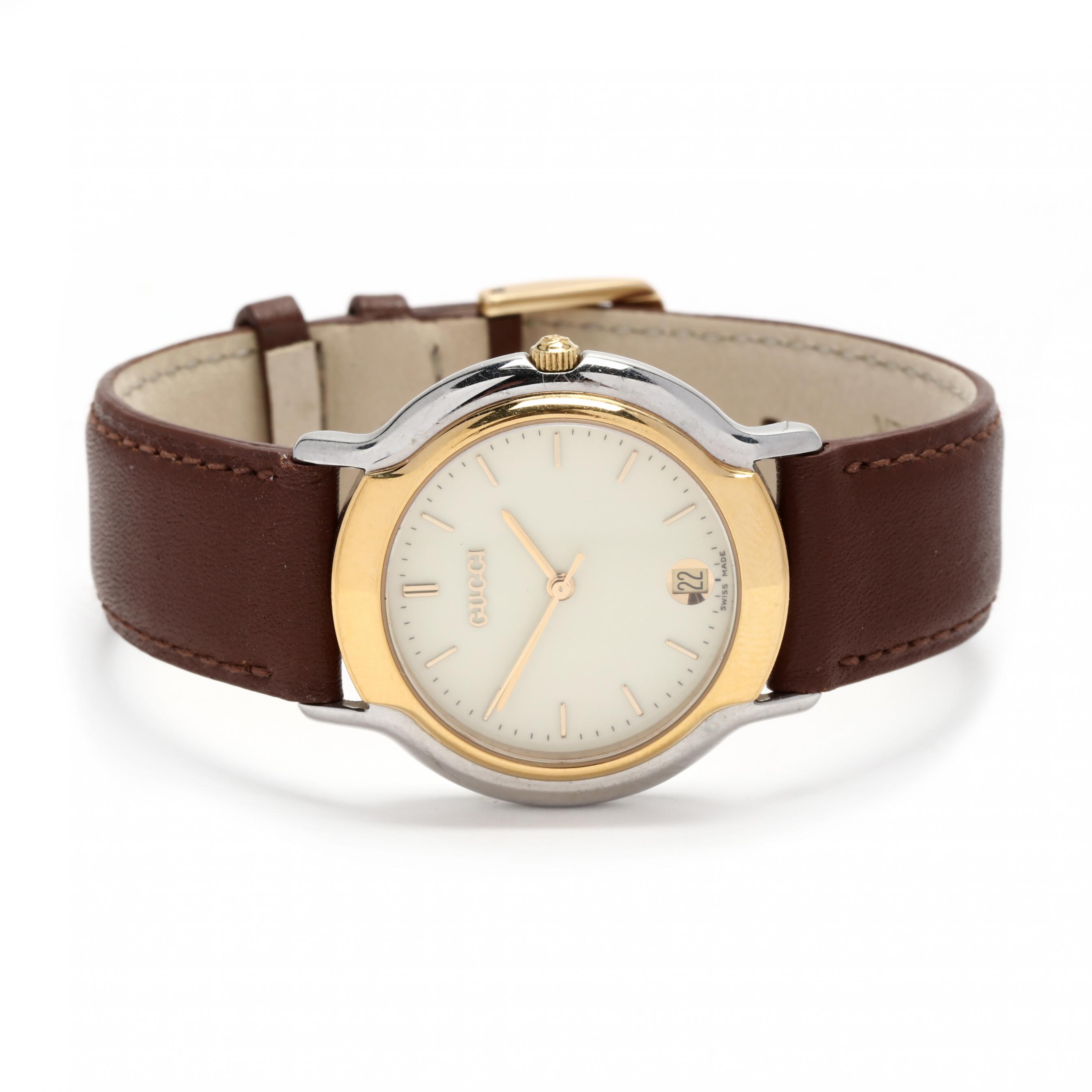 GUCCI バンデュー ブラウンレザー 時計 Two-Tone Stainless Steel Watch, Gucci (Lot 1107 - Jewelry & Silver