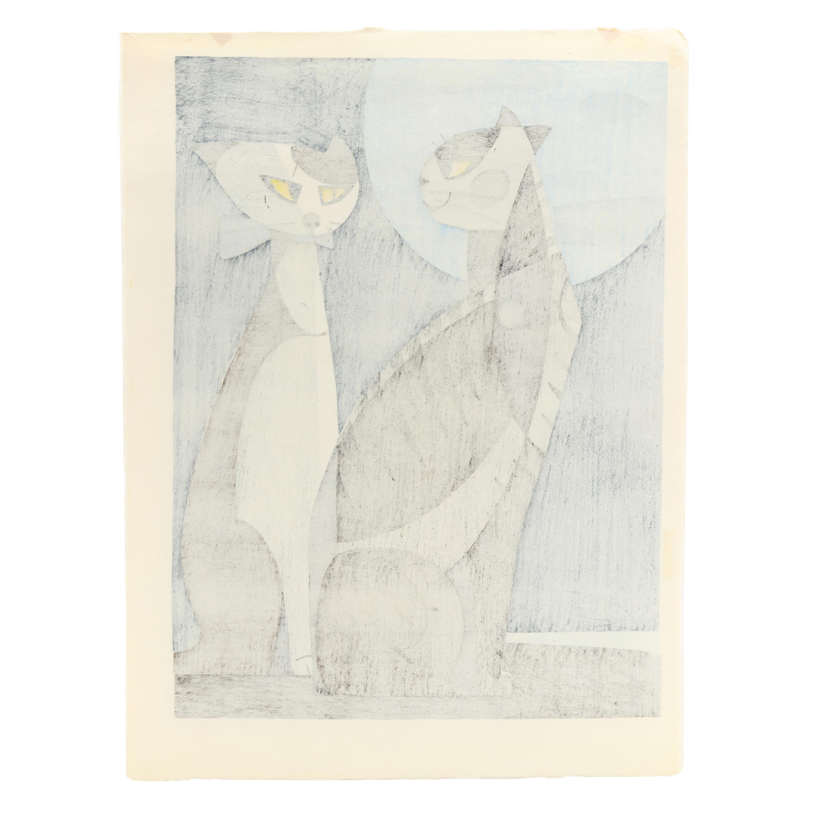 【国内配送】 (Japanese, Inagaki Tomo 1902-1980), Moonlight the in Cats 絵画