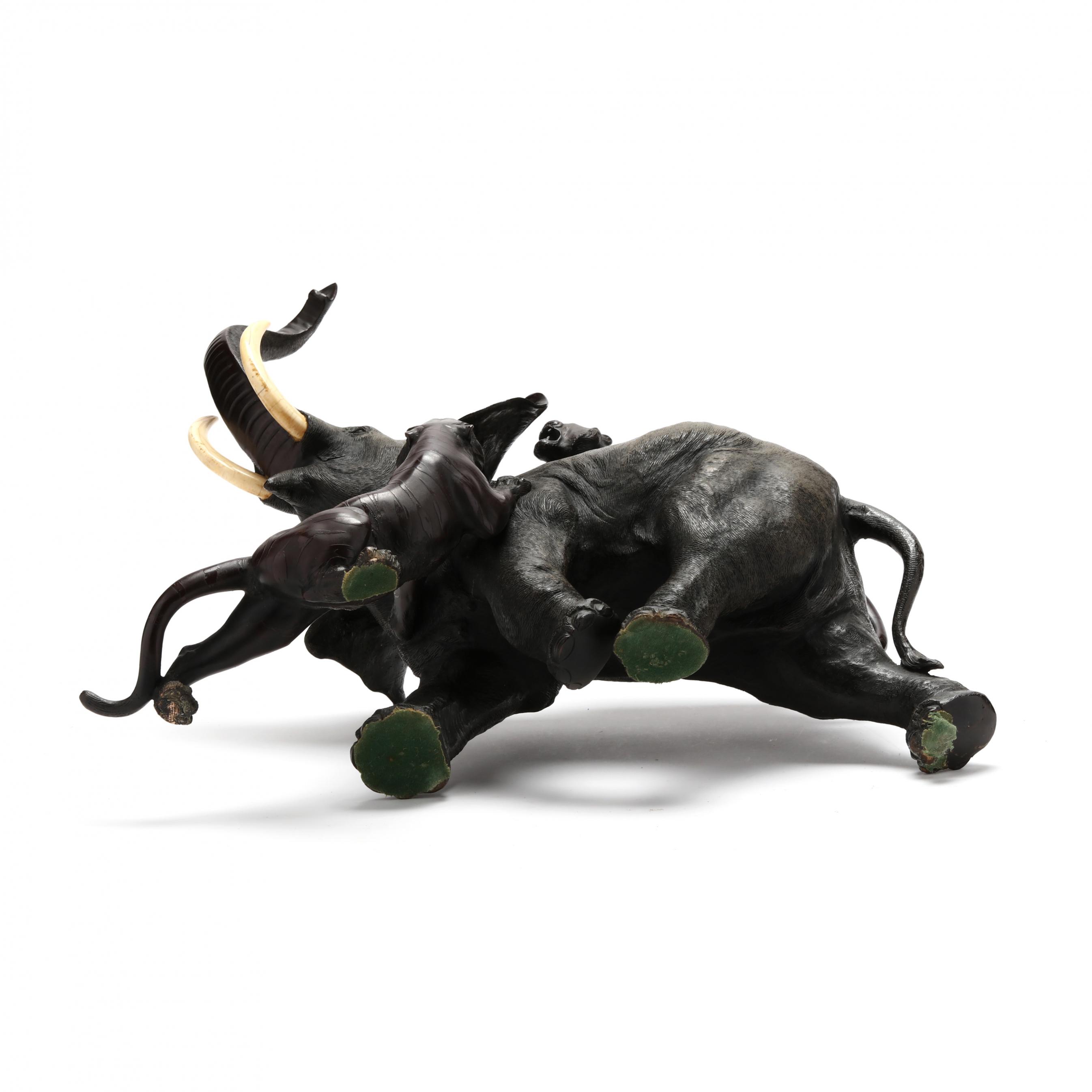A Japanese Bronze Okimono of an Elephant Being Attacked by Tigers
