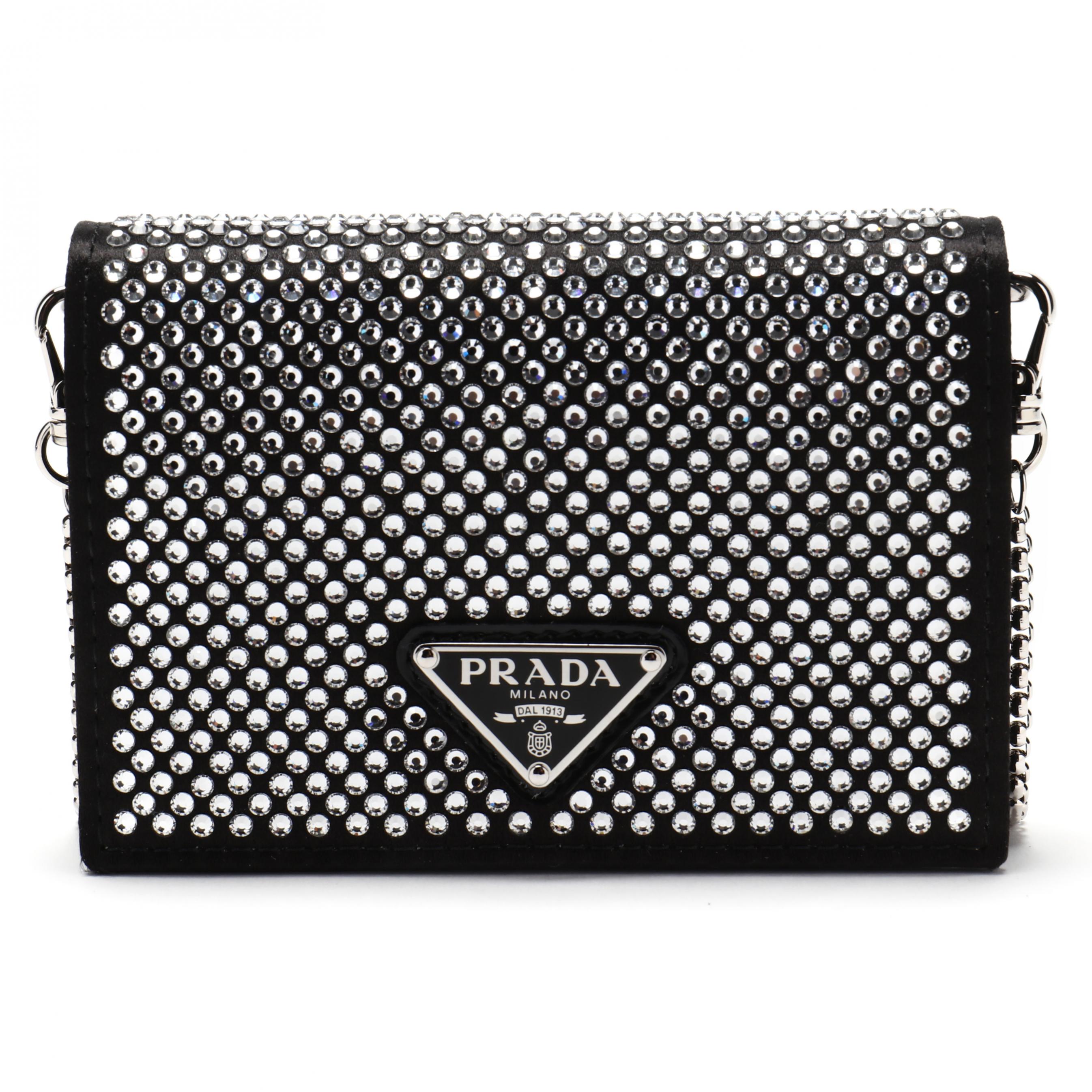 Prada Crystal-embellished Satin Chain Card Holder