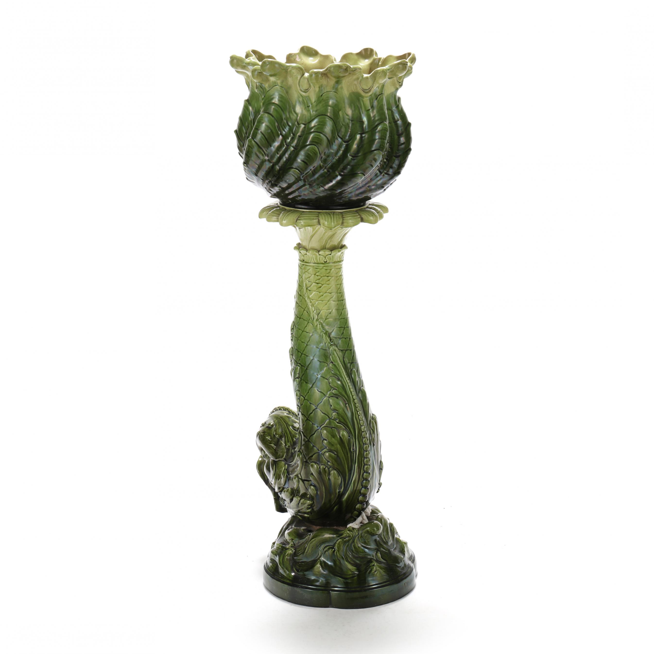 Leeds, Majolica Dolphin Form Jardiniere and Pedestal (Lot 431