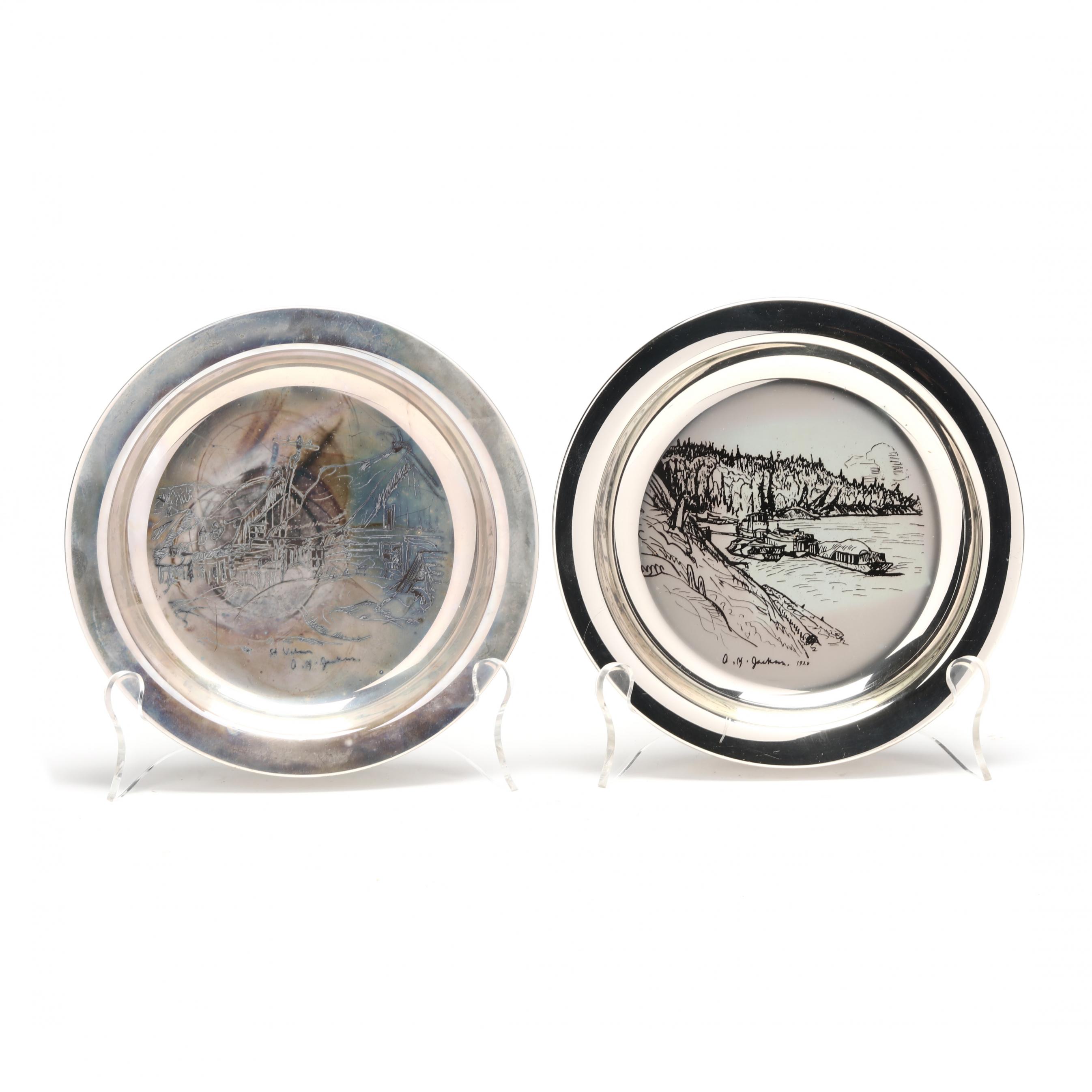 Two Sterling Silver Plates Featuring Works by A. Y. Jackson