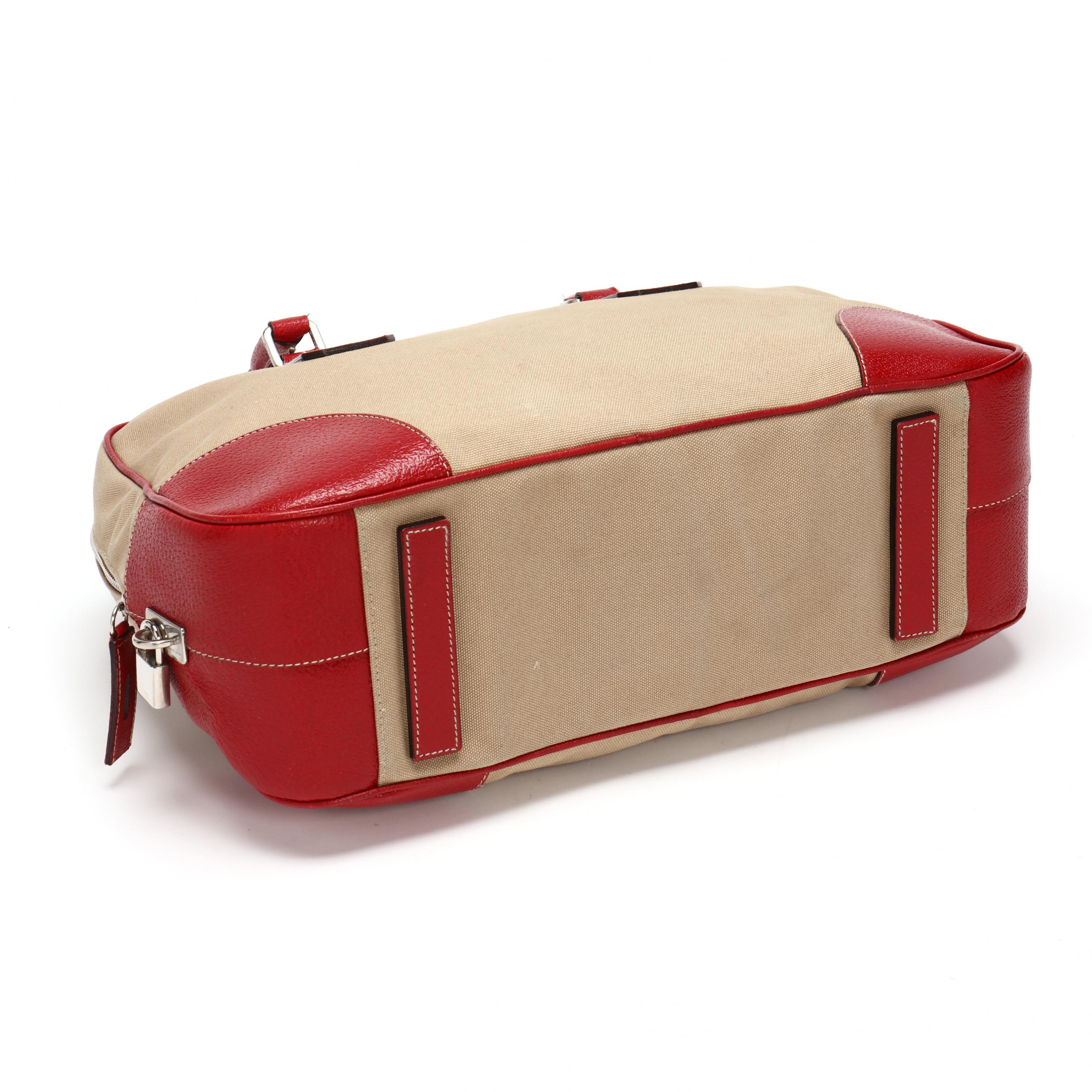 Prada Beige Canvas and Red Leather Bowling Bag