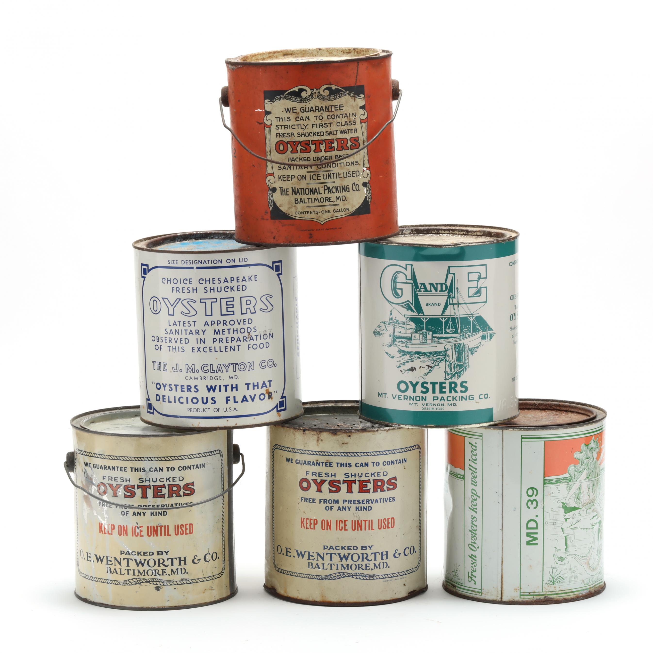 Six Vintage Maryland Oyster Cans (Lot 1464 - Fall Sporting Art