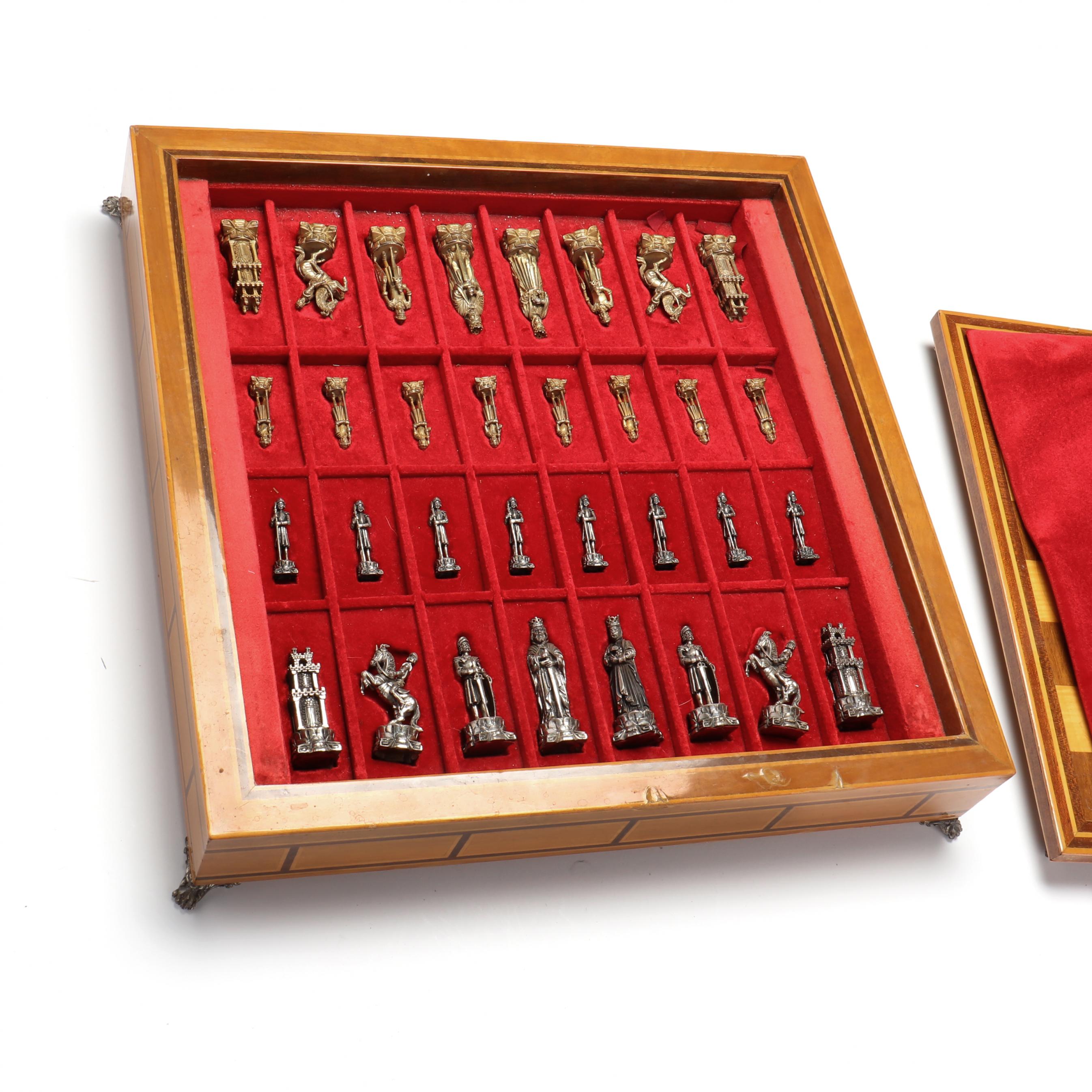 A Spanish .835 Silver and Silver Gilt Chess Set in Parquetry Case