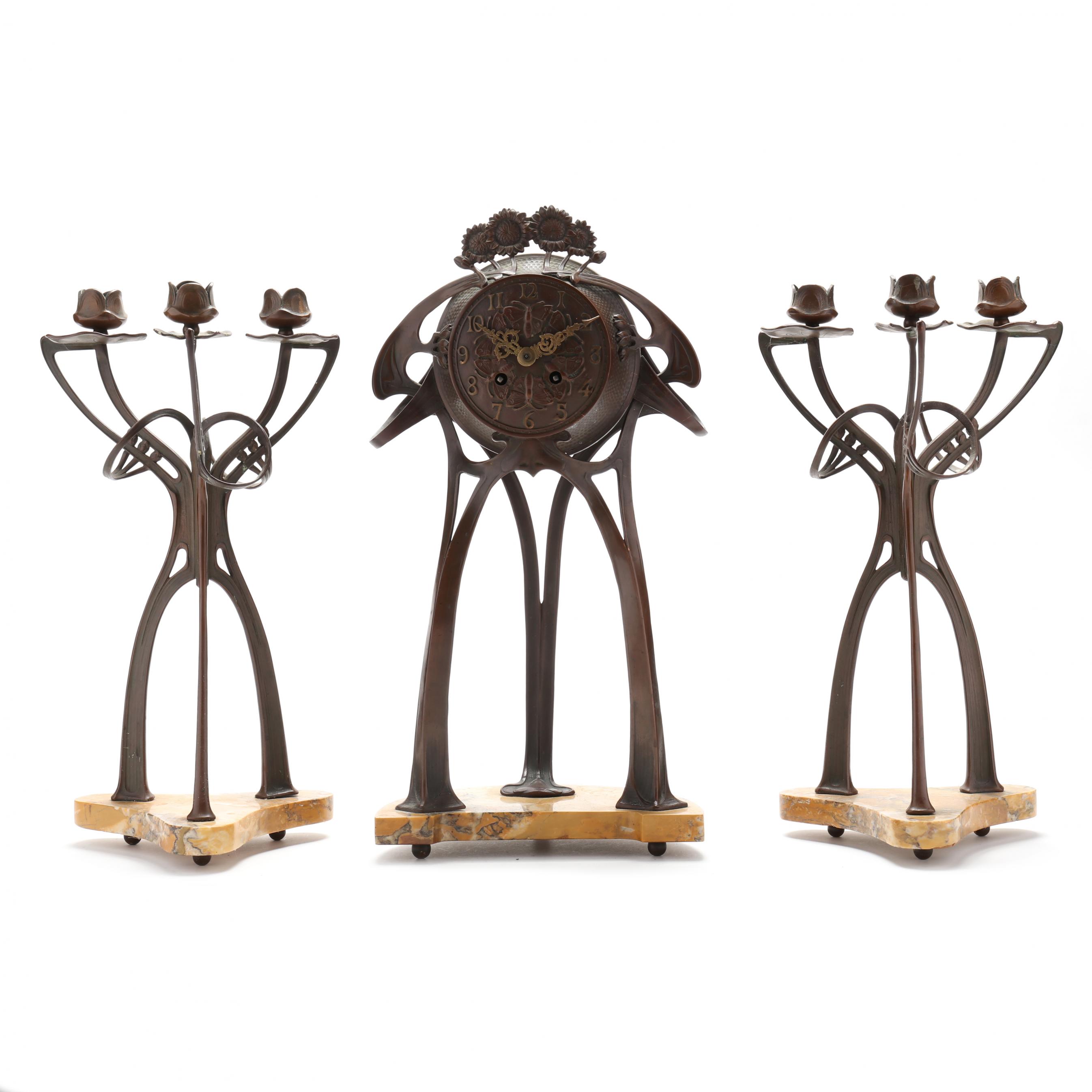 Art Nouveau Bronze and Marble Mantel Clock Garniture (Lot 193 - )