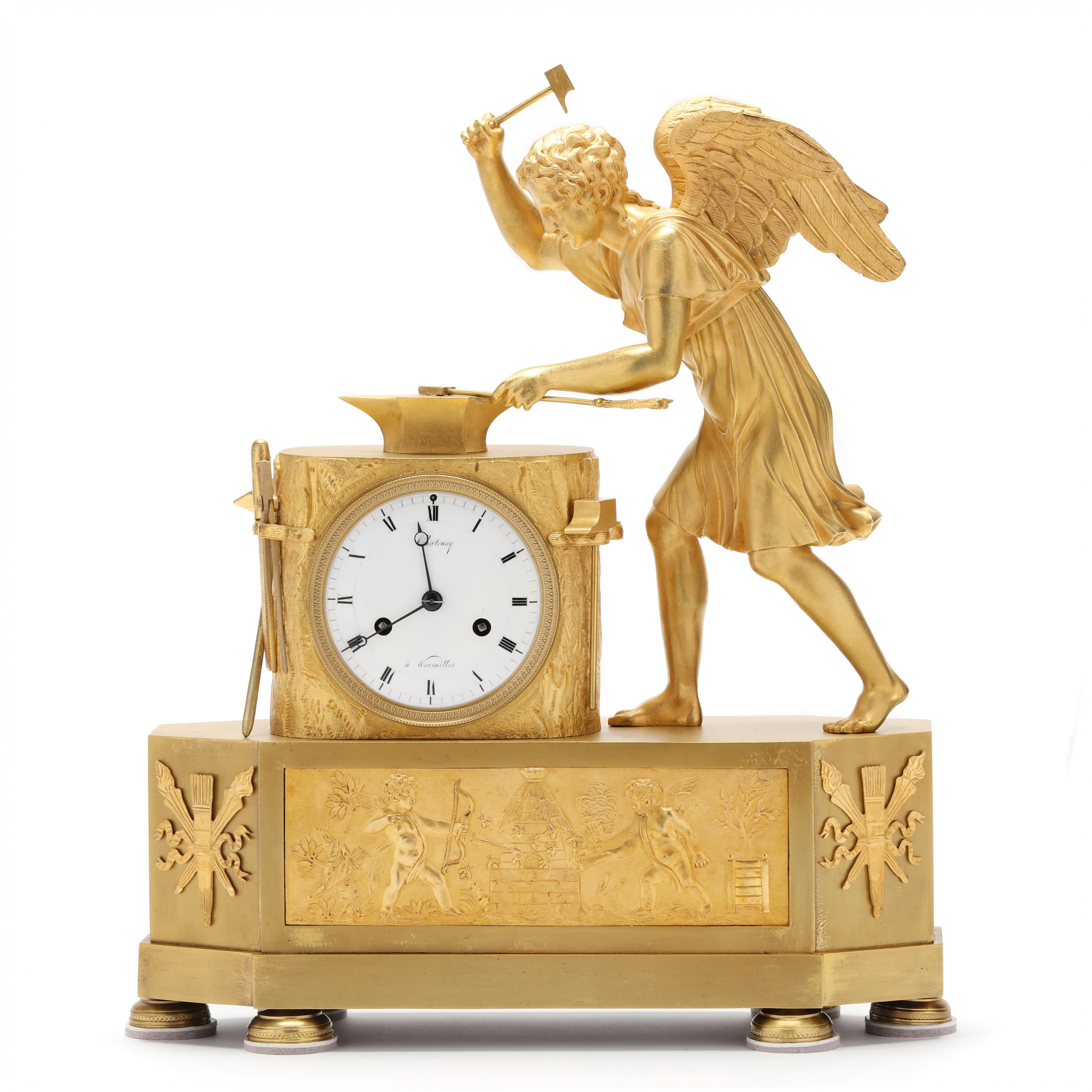 French Empire Dore Bronze Mantel Clock, Signed Chatenay a