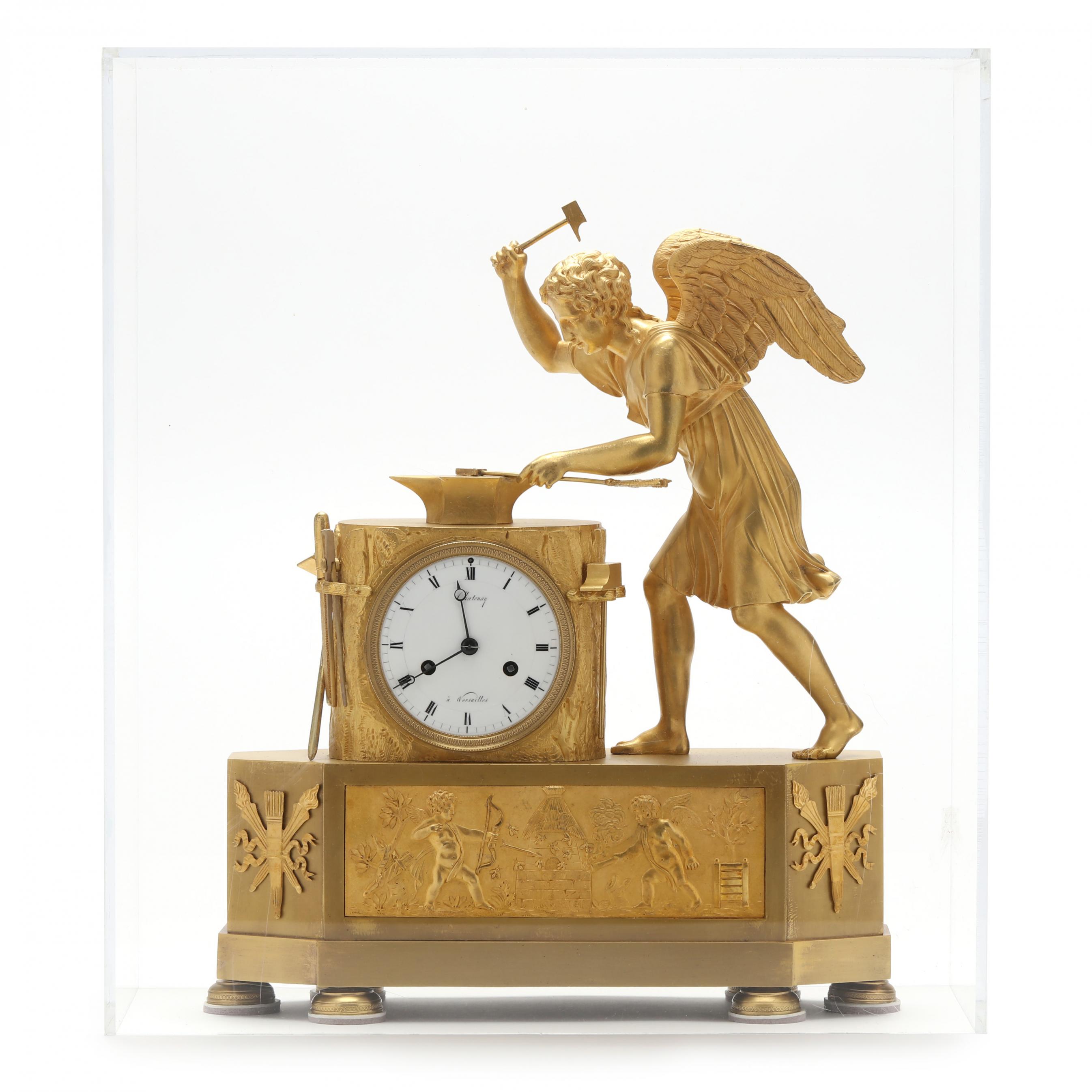 French Empire Dore Bronze Mantel Clock, Signed Chatenay a