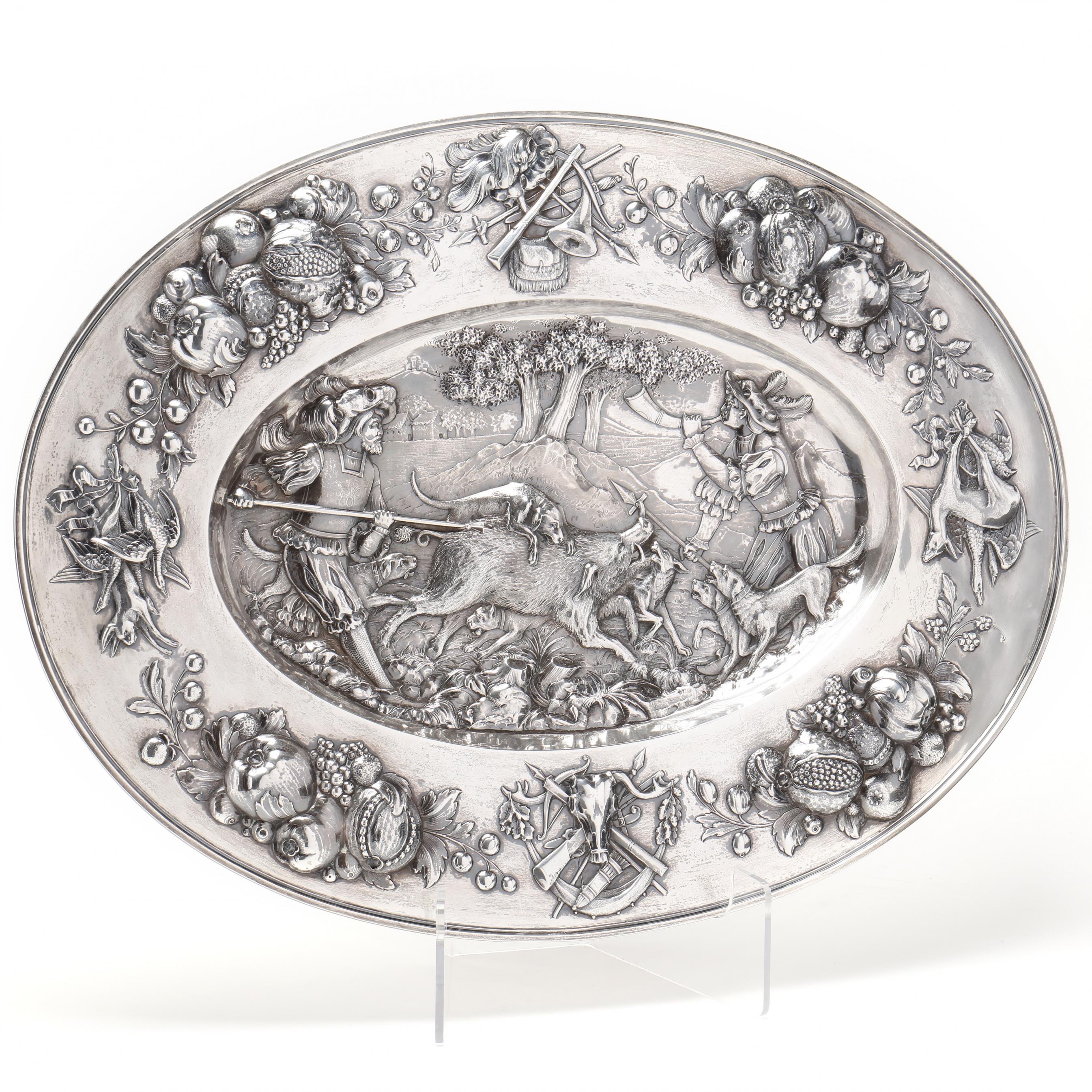 A Large German .930 Fine Silver Platter with Hunting Motif (Lot