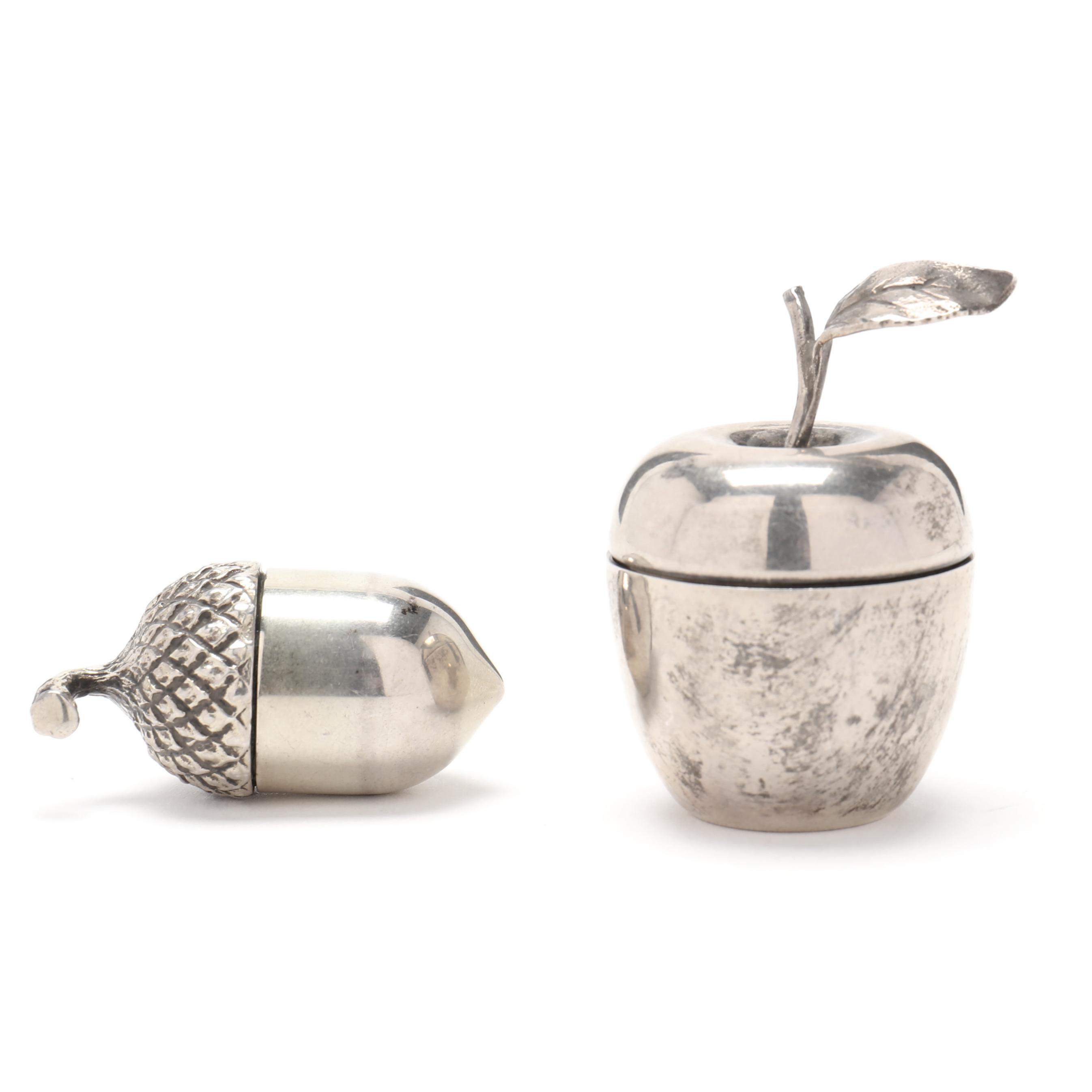 Two Tiffany & Co. Sterling Silver Apple and Acorn Pill Boxes (Lot