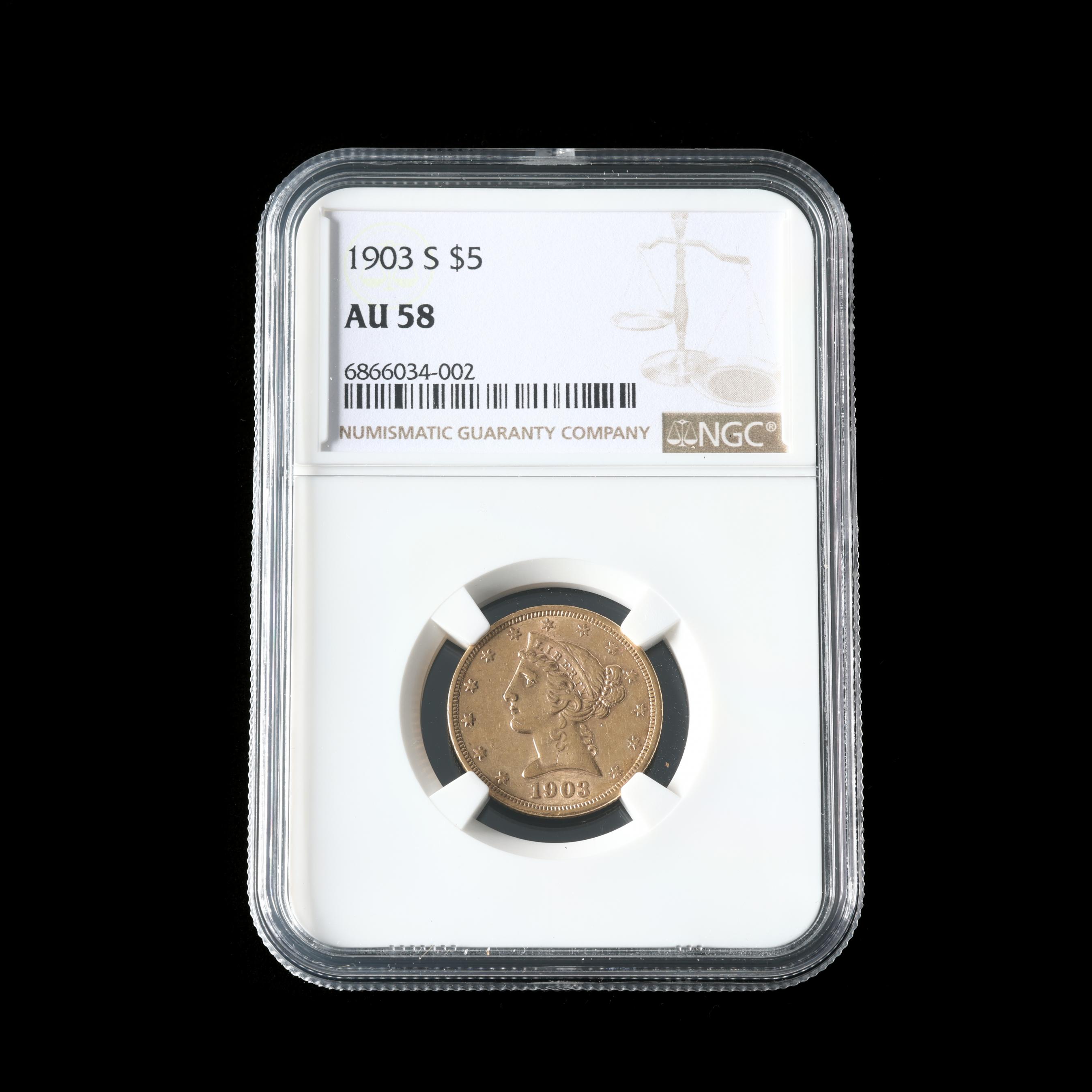 1903-S $5 Gold Half Eagle, NGC AU58 (Lot 2390 - December Estate