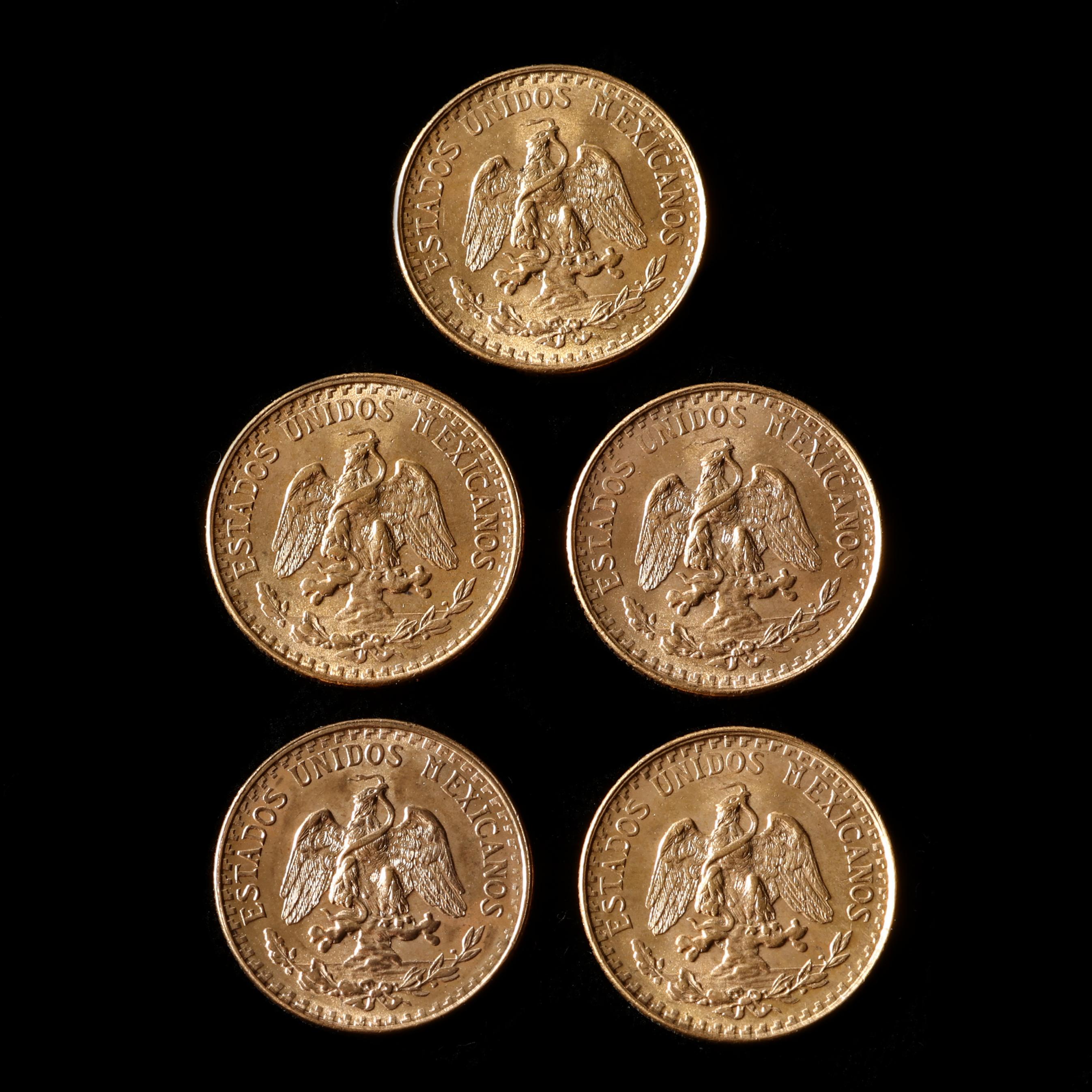1945年メキシコ 5センタボス  Mexico, Five (5) Uncirculated Gold Two Peso Coins Dated 1945 (Lot