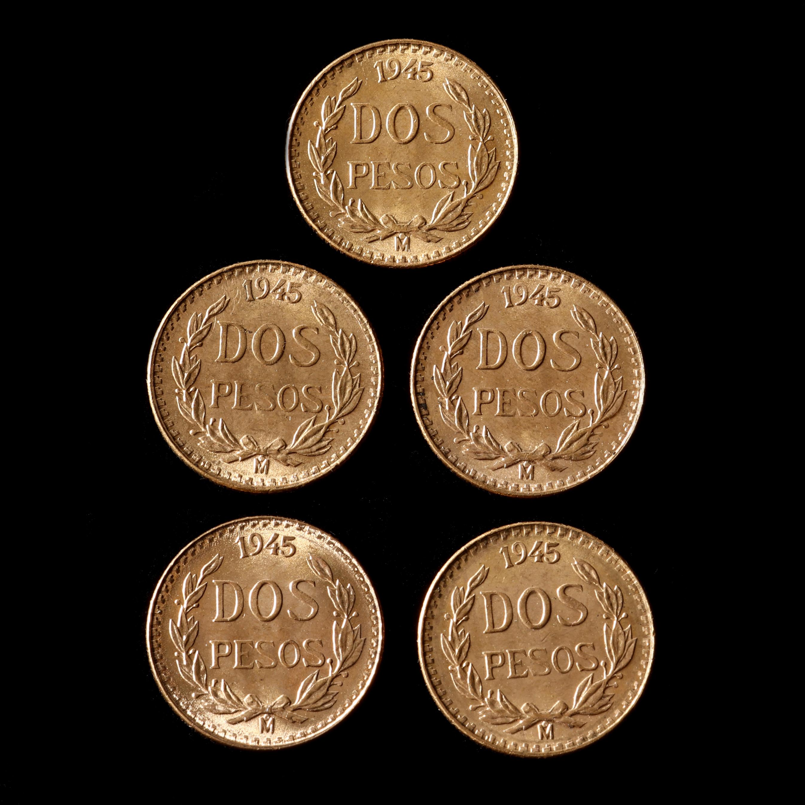Mexico, Five (5) Uncirculated Gold Two Peso Coins Dated 1945 (Lot