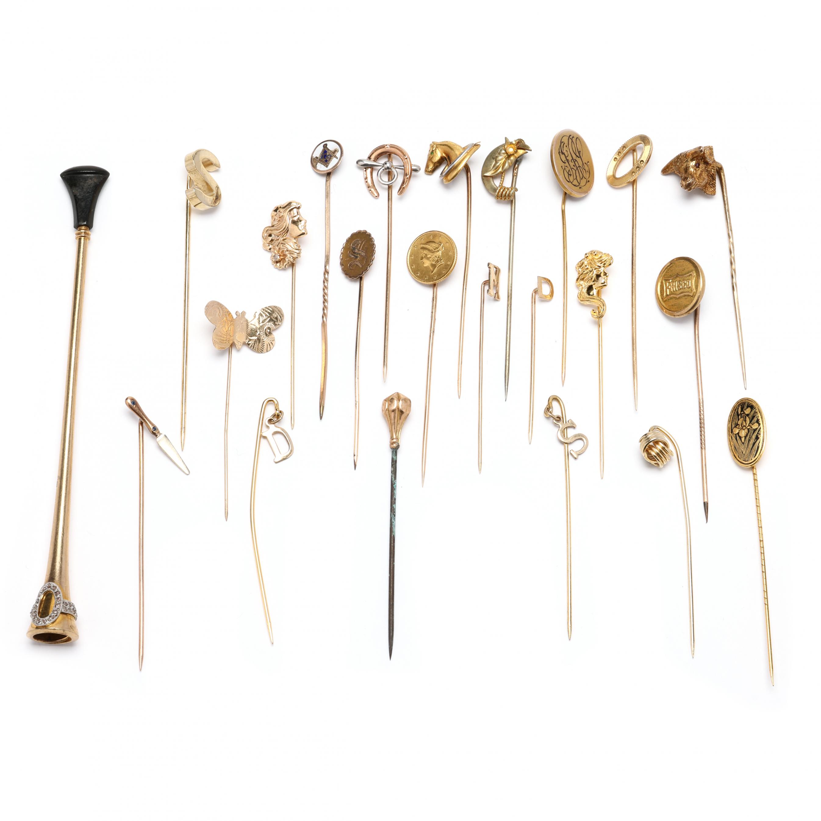 Collection of Twenty-Two Vintage Gold and Gold Filled Stick Pins and a Gold  Cigarette Holder (Lot 2223