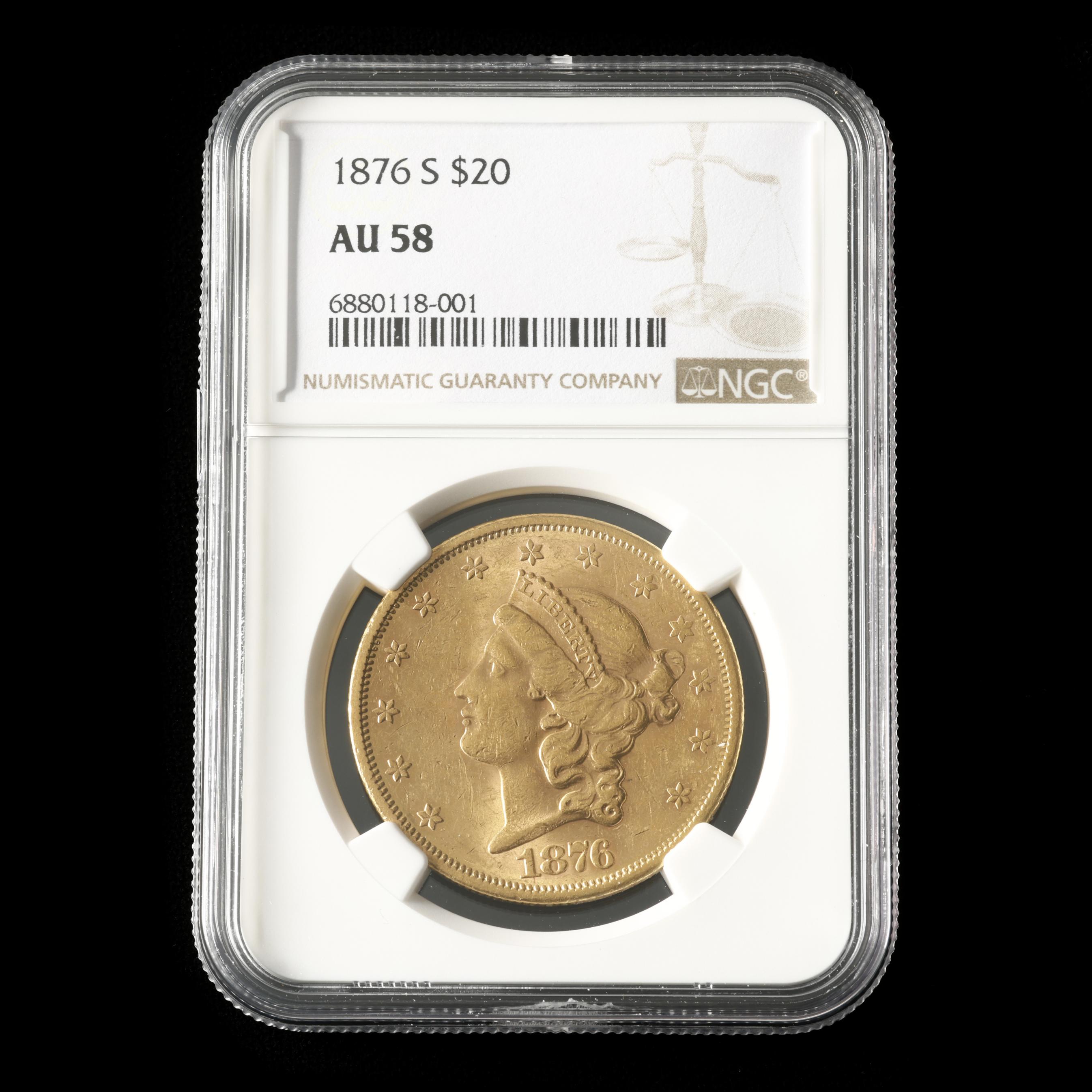 1876-S Liberty Head $20 Gold Double Eagle, NGC AU58 (Lot 5020 