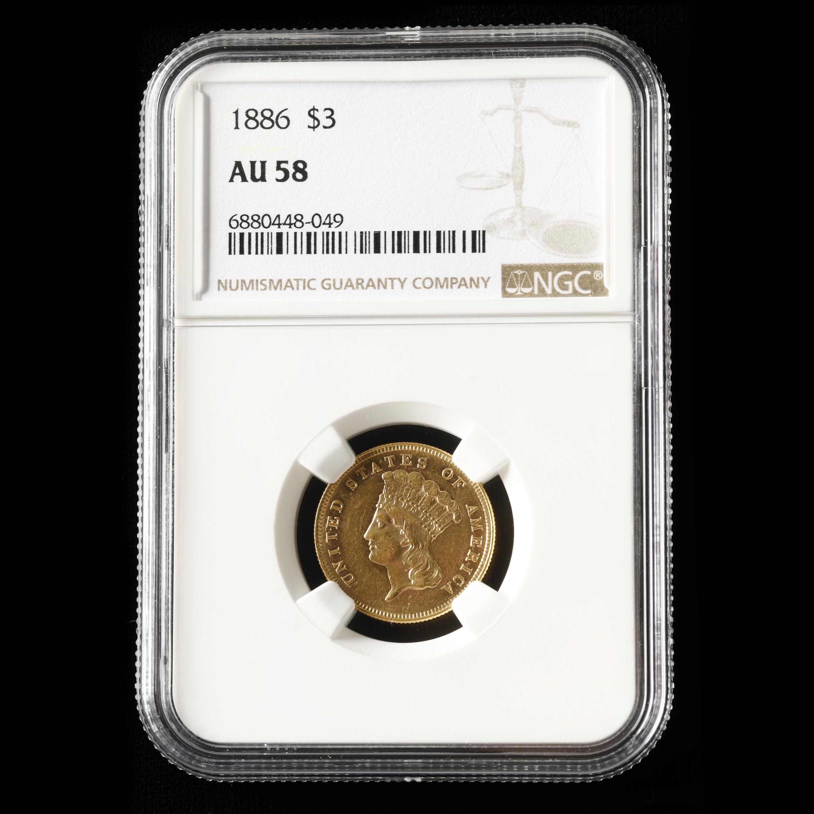 1886 Indian Princess Prooflike $3 Gold, NGC AU58 (Lot 5149