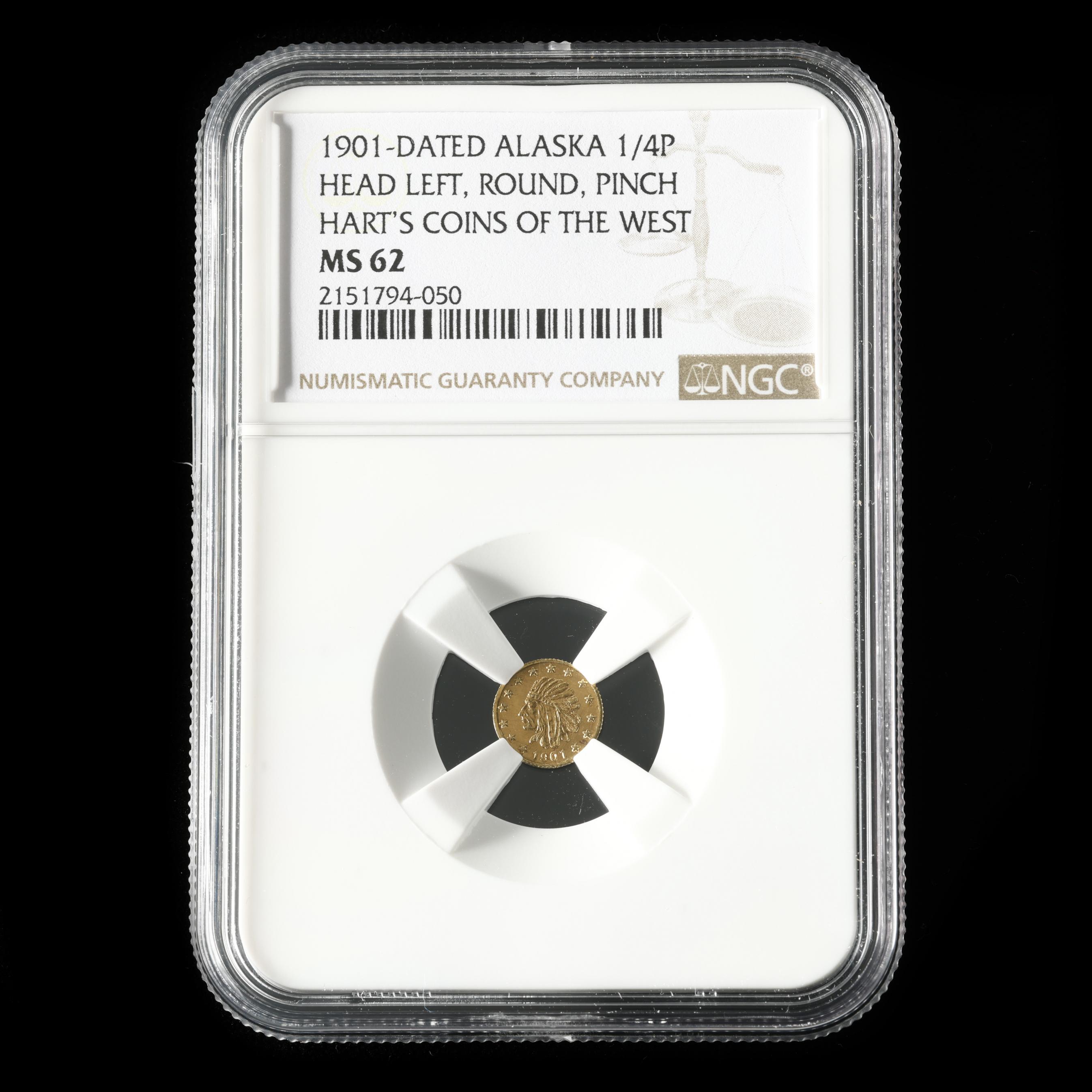 1901-Dated Alaska Gold, 1/4 Pinch Round, Head Left, NGC MS62 (Lot