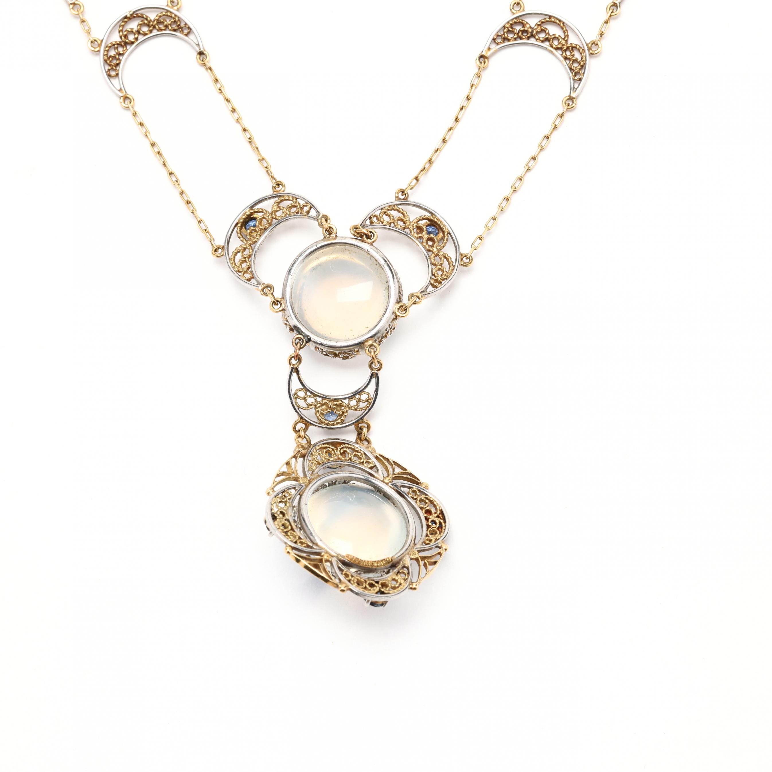 Art Nouveau Platinum, Gold, Moonstone, and Montana Sapphire