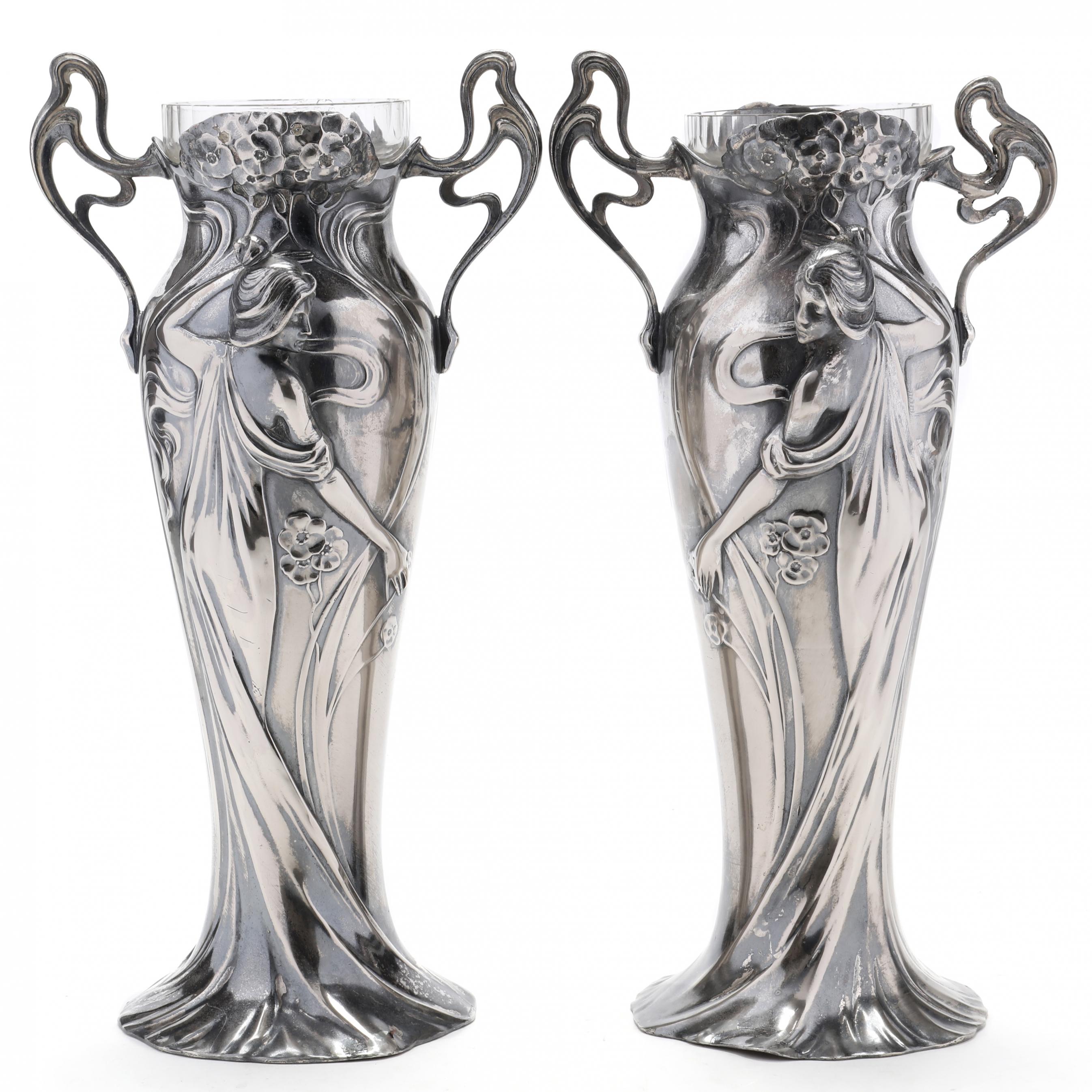 絵画　革　アンティーク　骨董品　made in SPAIN Pair of German Silver-Plated Art Nouveau Figural Vases by