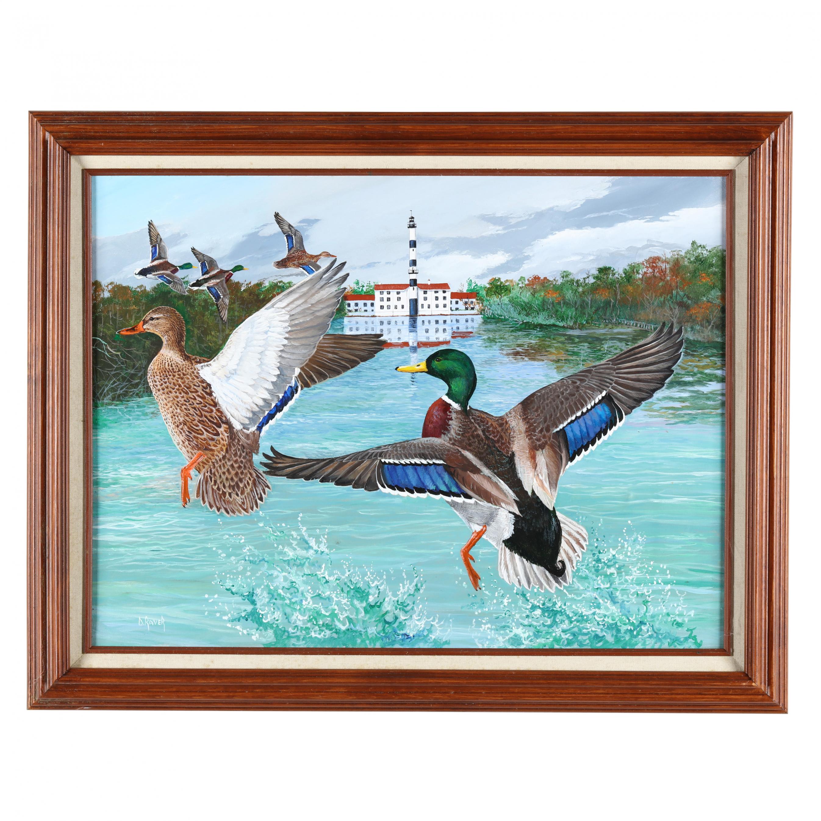 Duane Raver Jr. (NC, 1927-2002), Mallards in Flight at Lake