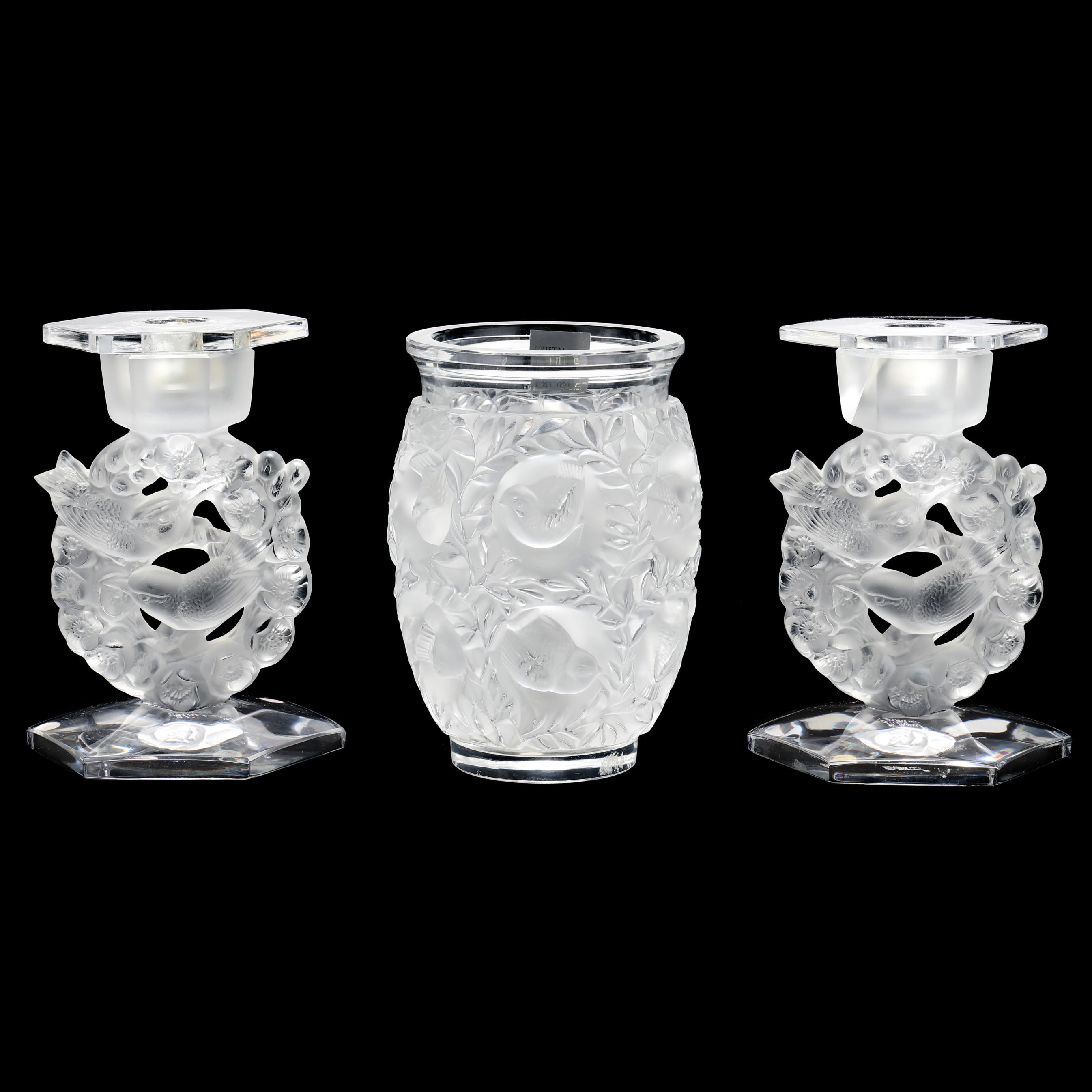 Lalique, Pair of Crystal Bird Themed Candlesticks and Vase (Lot