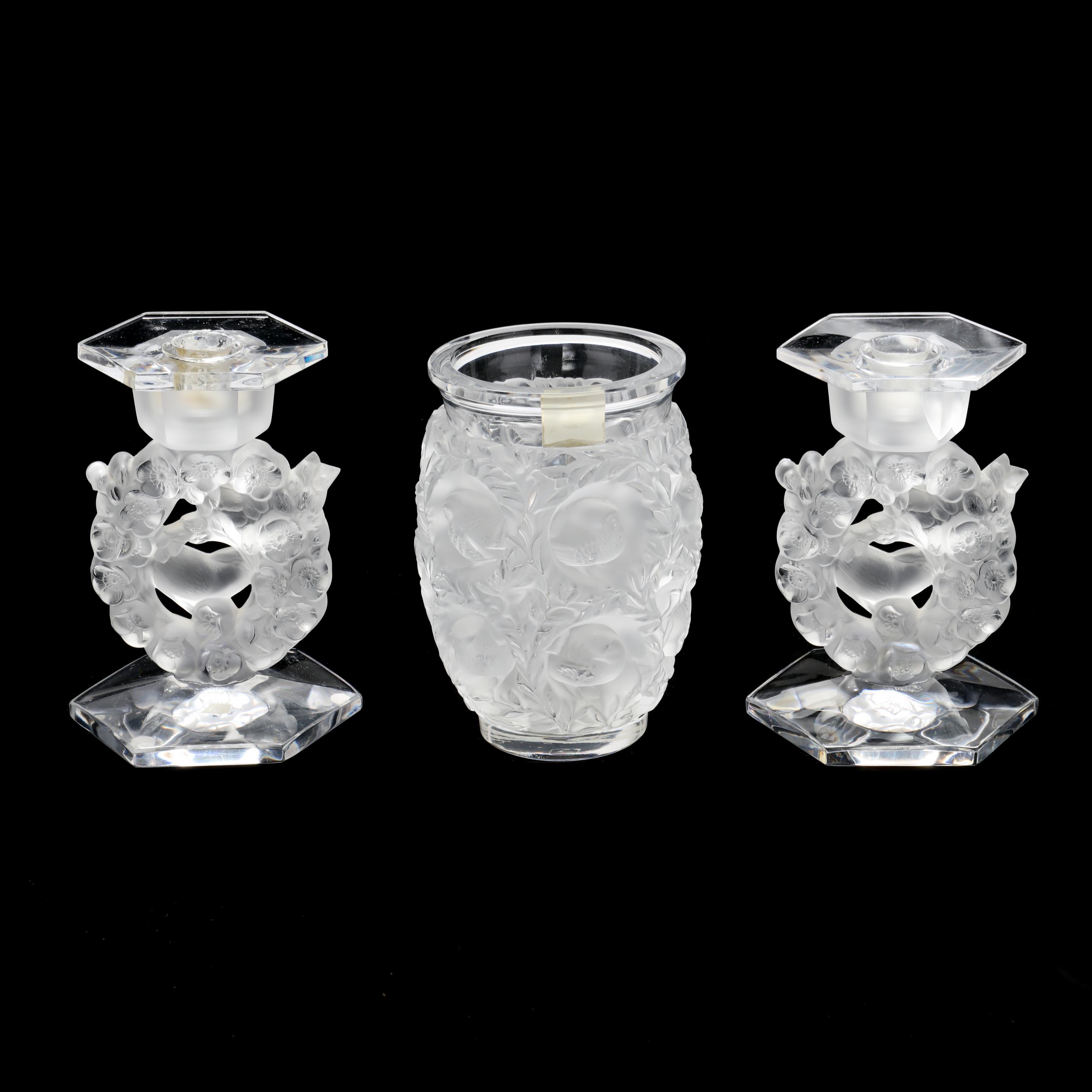 Lalique, Pair of Crystal Bird Themed Candlesticks and Vase (Lot