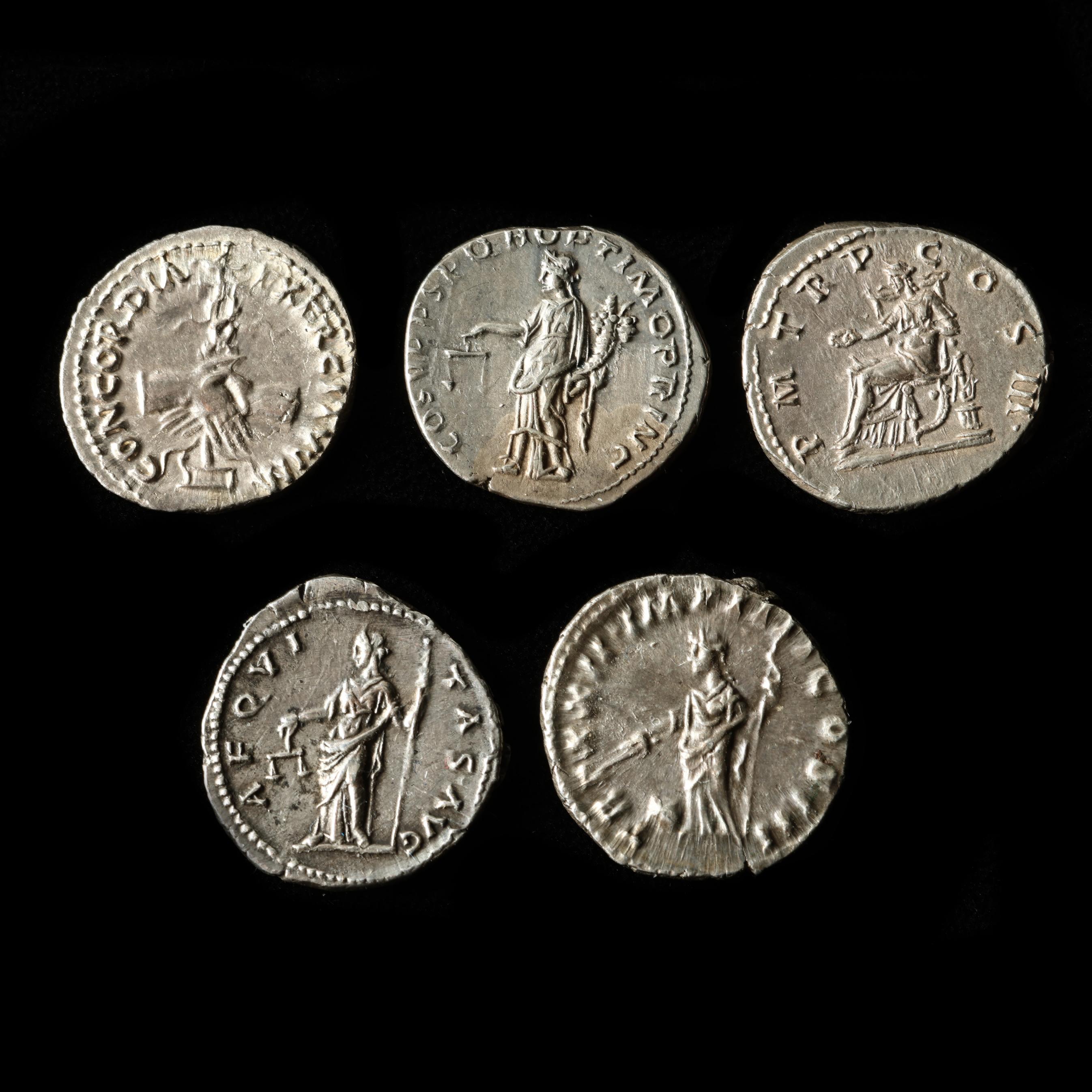 Roman Empire, Five (5) High Grade Silver Denarii Featuring the