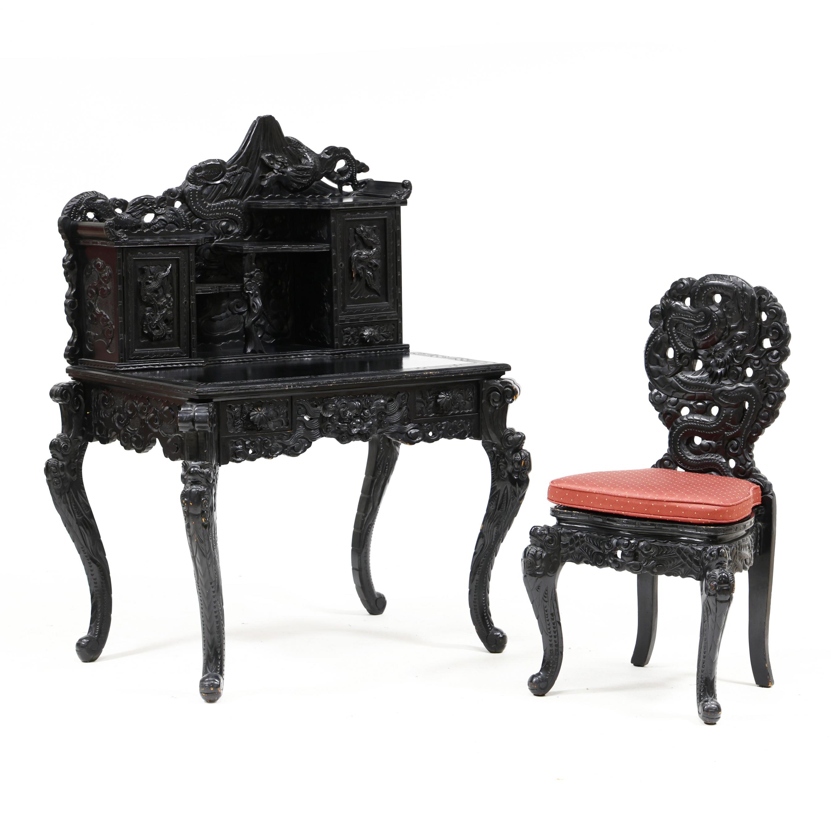 Japanese Carved and Ebonized Dragon Desk and Chair (Lot 2026