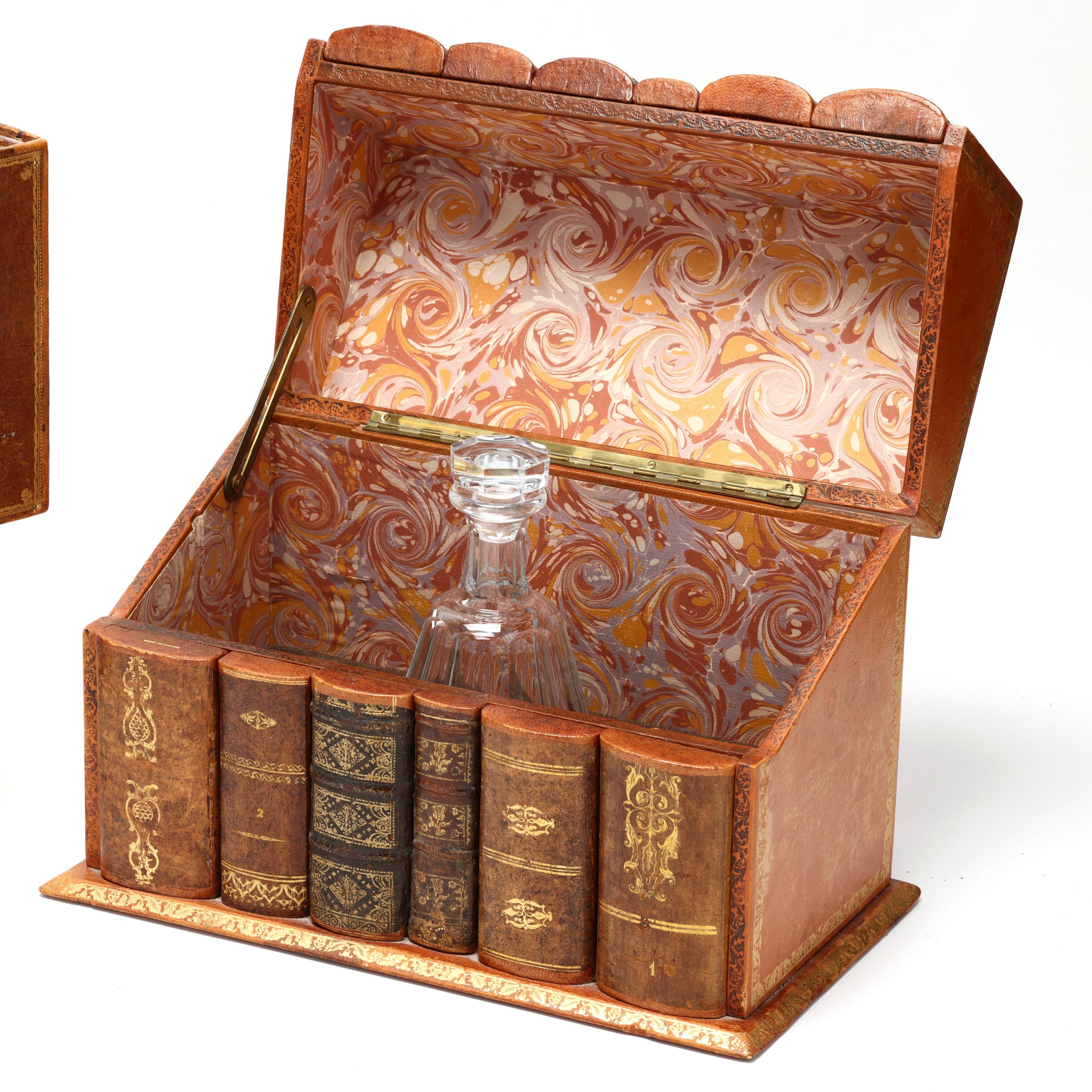 Collection of French Leather and Faux Book Boxes and Desk