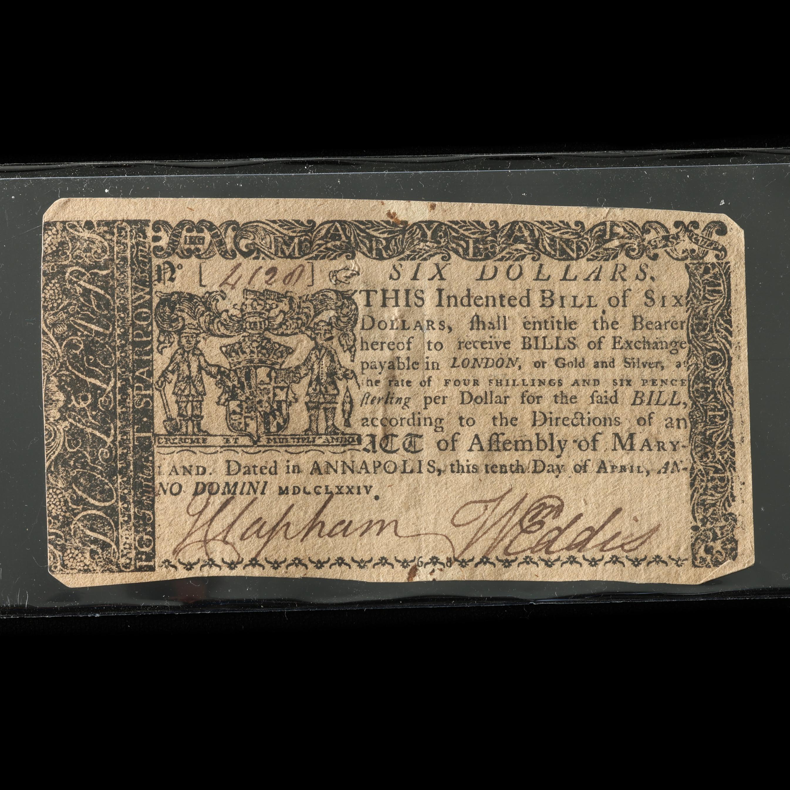 Colonial Maryland Six Dollar Note by Anne Catharine Hoof Green