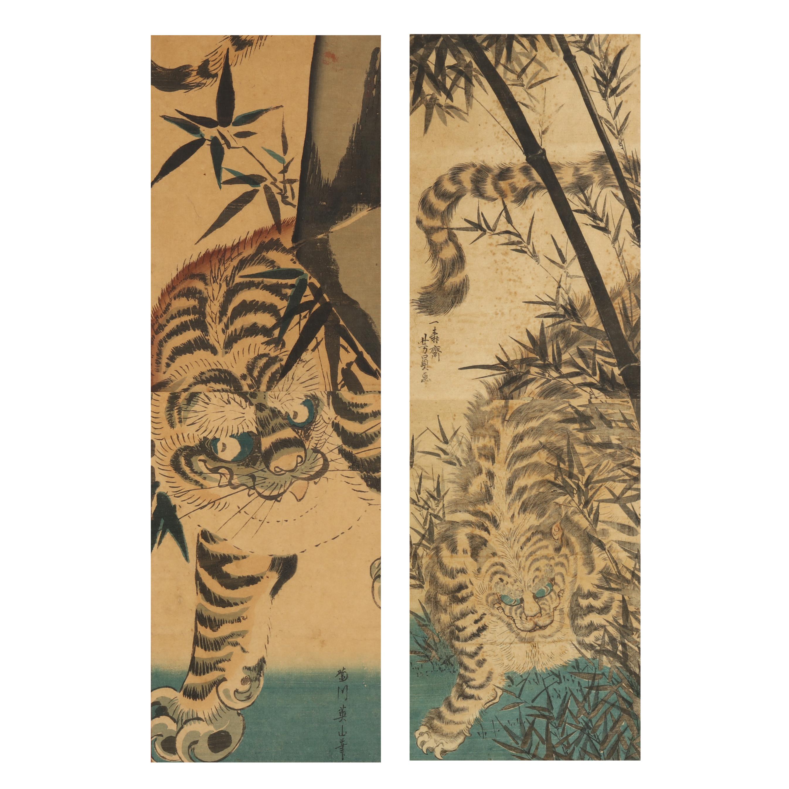 人気ブランドバ40代 Two Japanese Edo Woodblock Prints of Tigers and Bamboo (Lot 置物