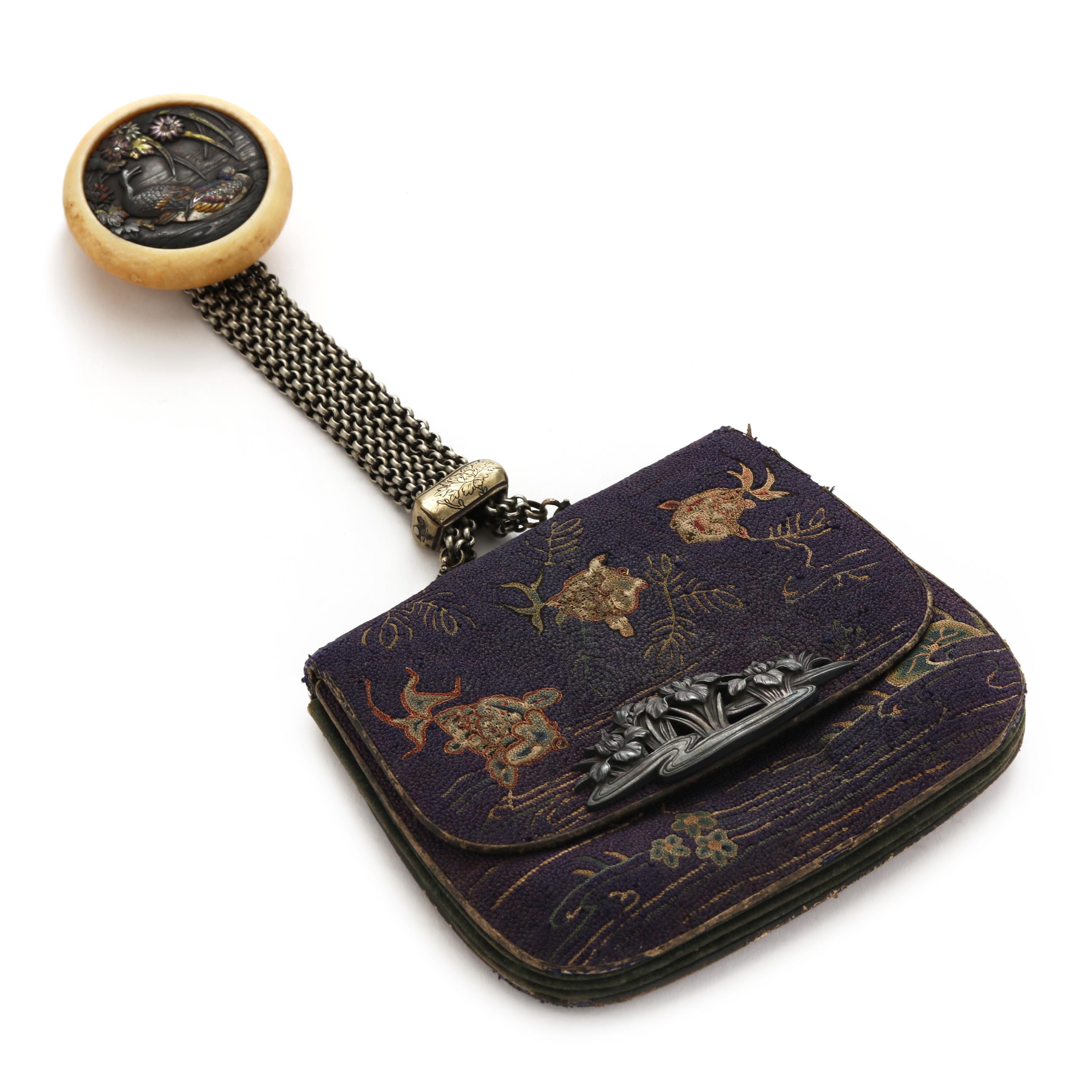 antique japanese tobacco pouch A Japanese Tobacco Pouch with Kagamibuta (Lot 3065