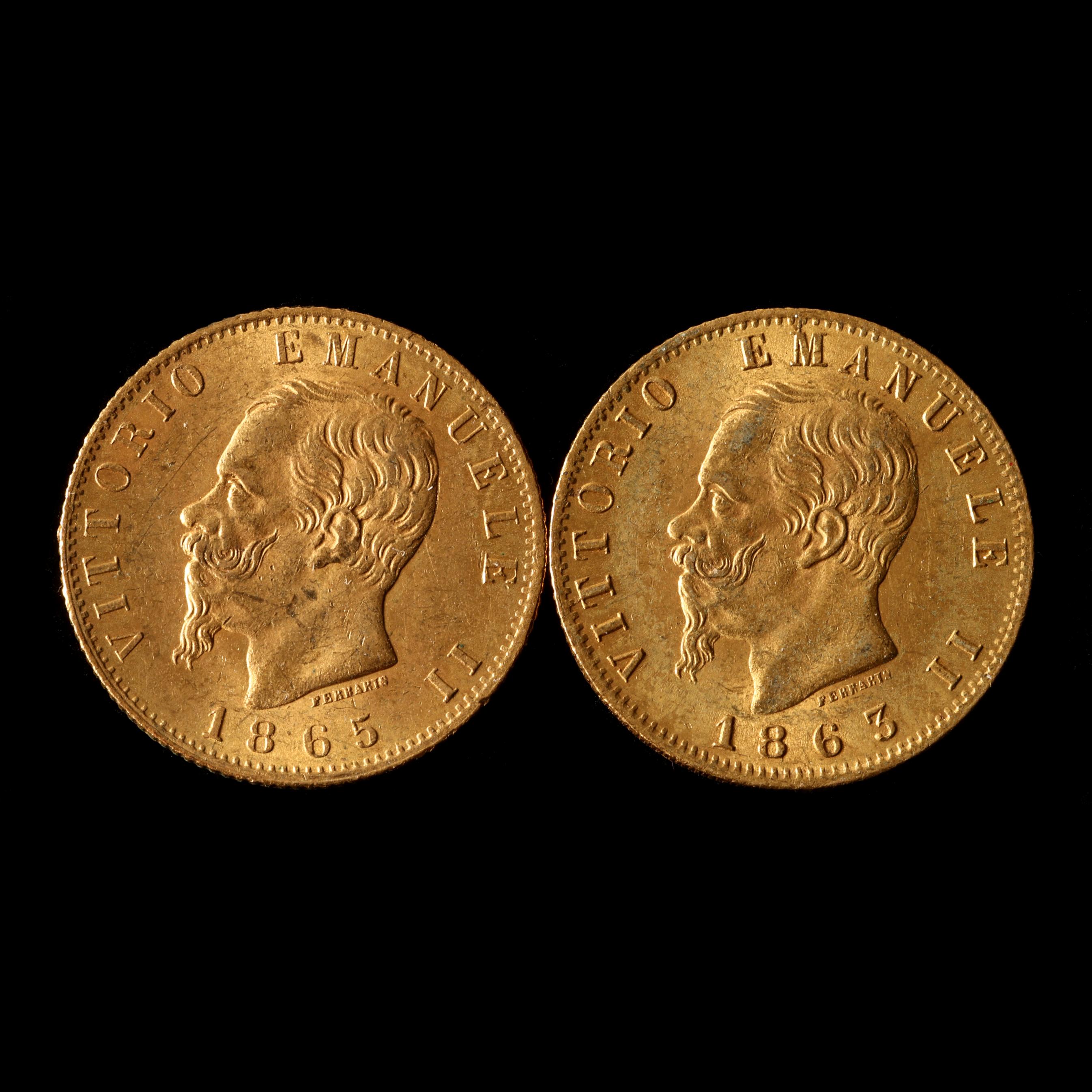 Italy, Two (2) Gold 20 Lire of Vittorio Emanuele II (Lot 3049 - )
