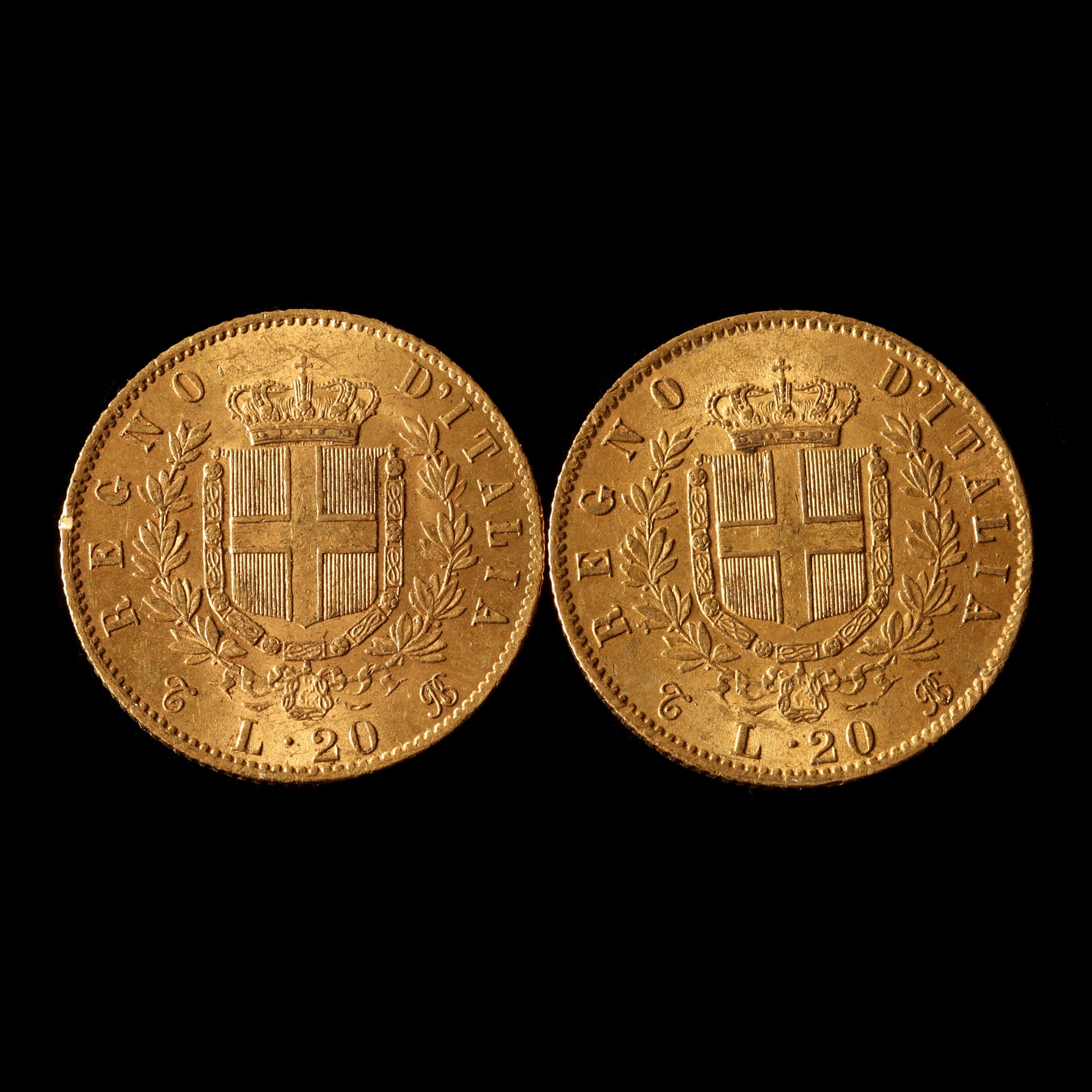 Italy, Two (2) Gold 20 Lire of Vittorio Emanuele II (Lot 3049 - )