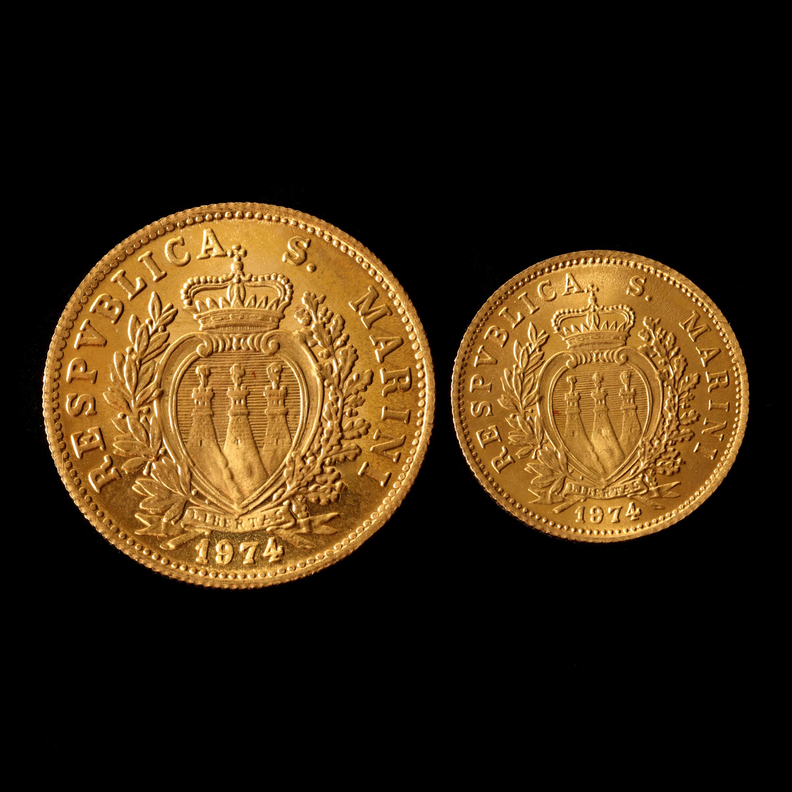 San Marino, 1974 Boxed Set of Two (2) Commemorative Gold Coins