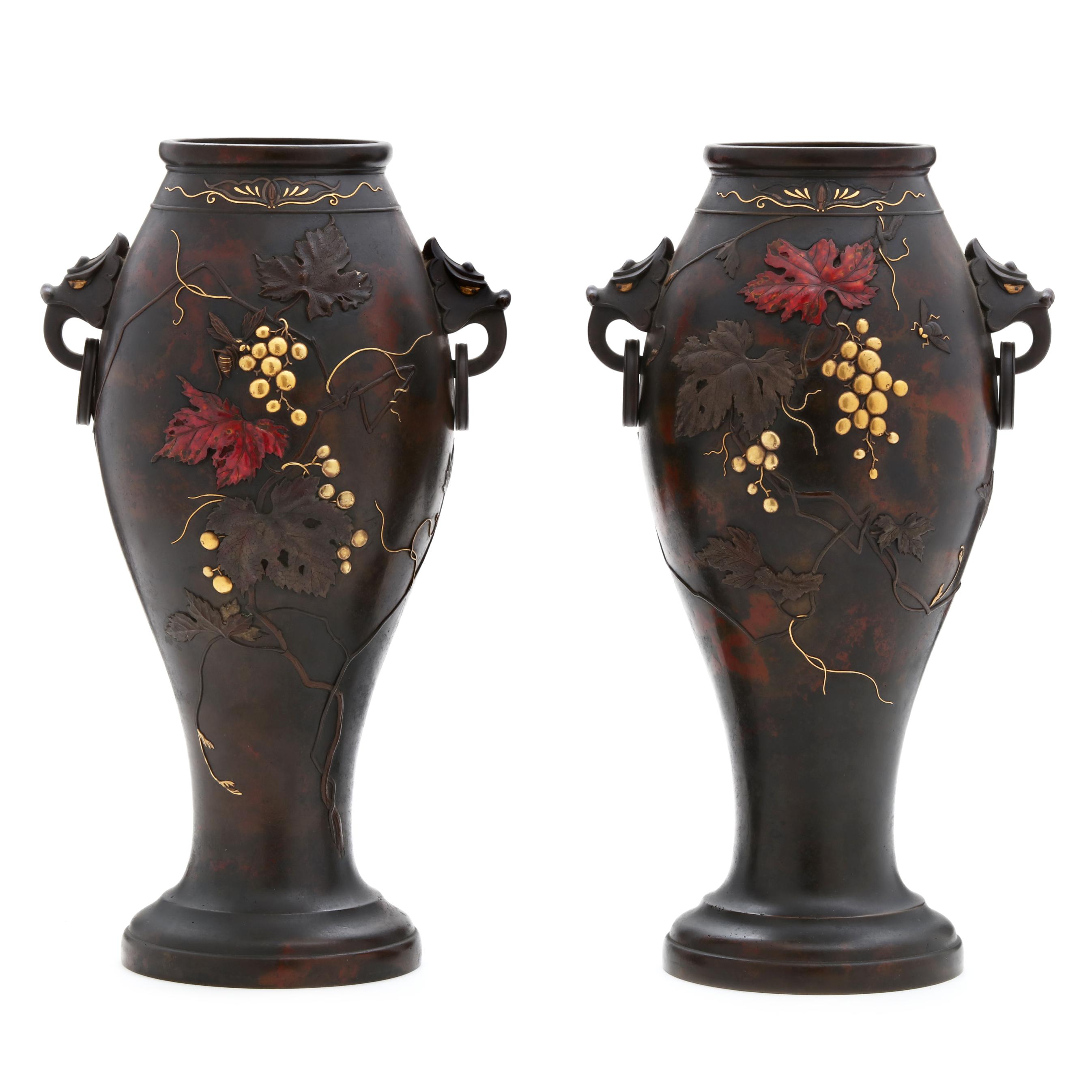 A Pair of Japanese Bronze Vases attributed to Suzuki Chokichi of