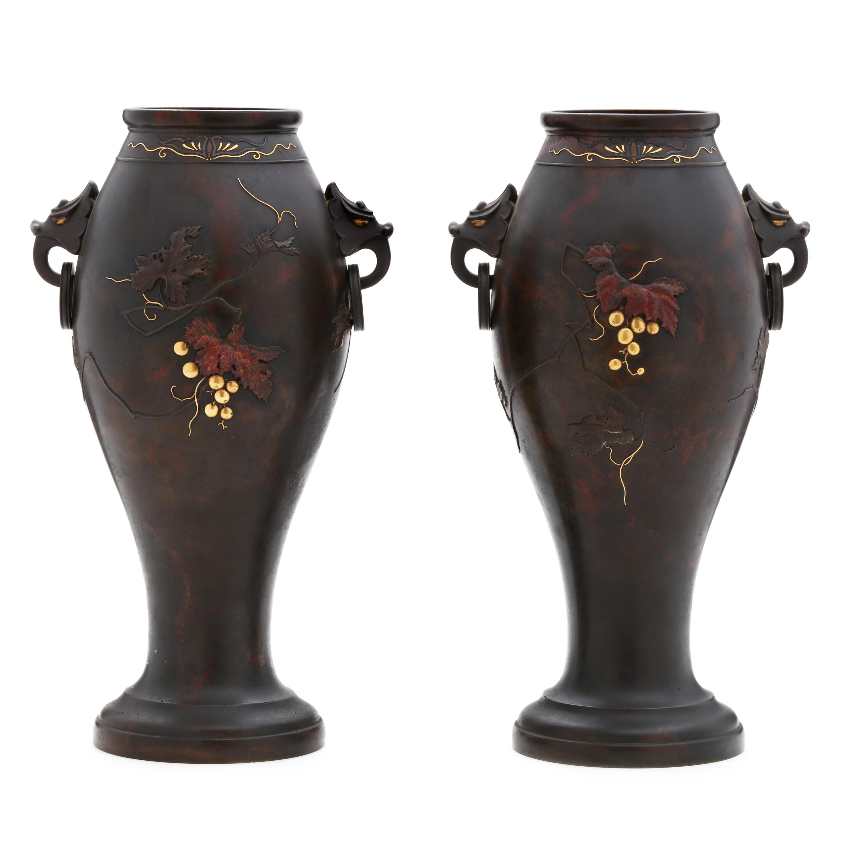 A Pair of Japanese Bronze Vases attributed to Suzuki Chokichi of