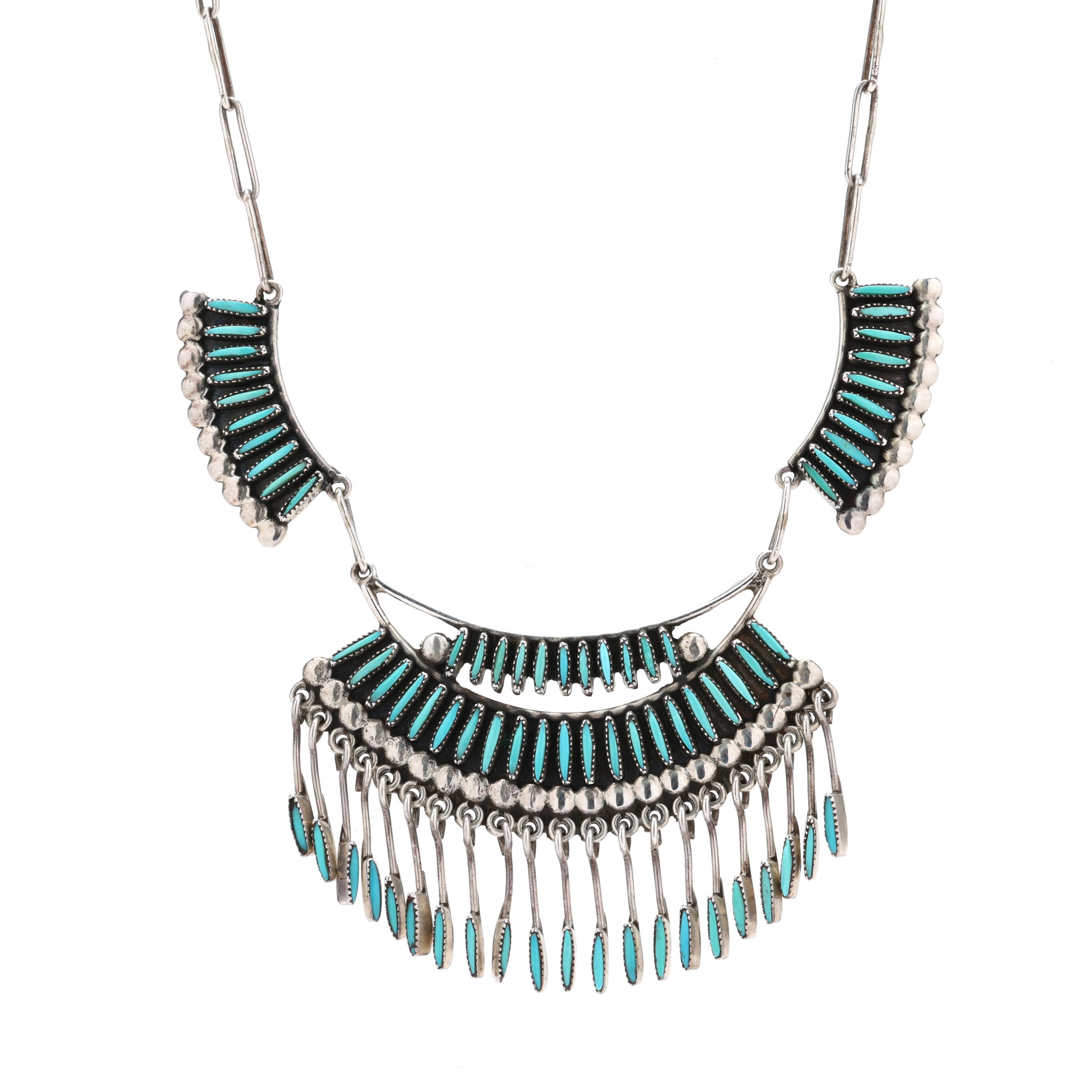 Zuni Silver and Turquoise Needle Point Necklace, Elsie Nakatewa